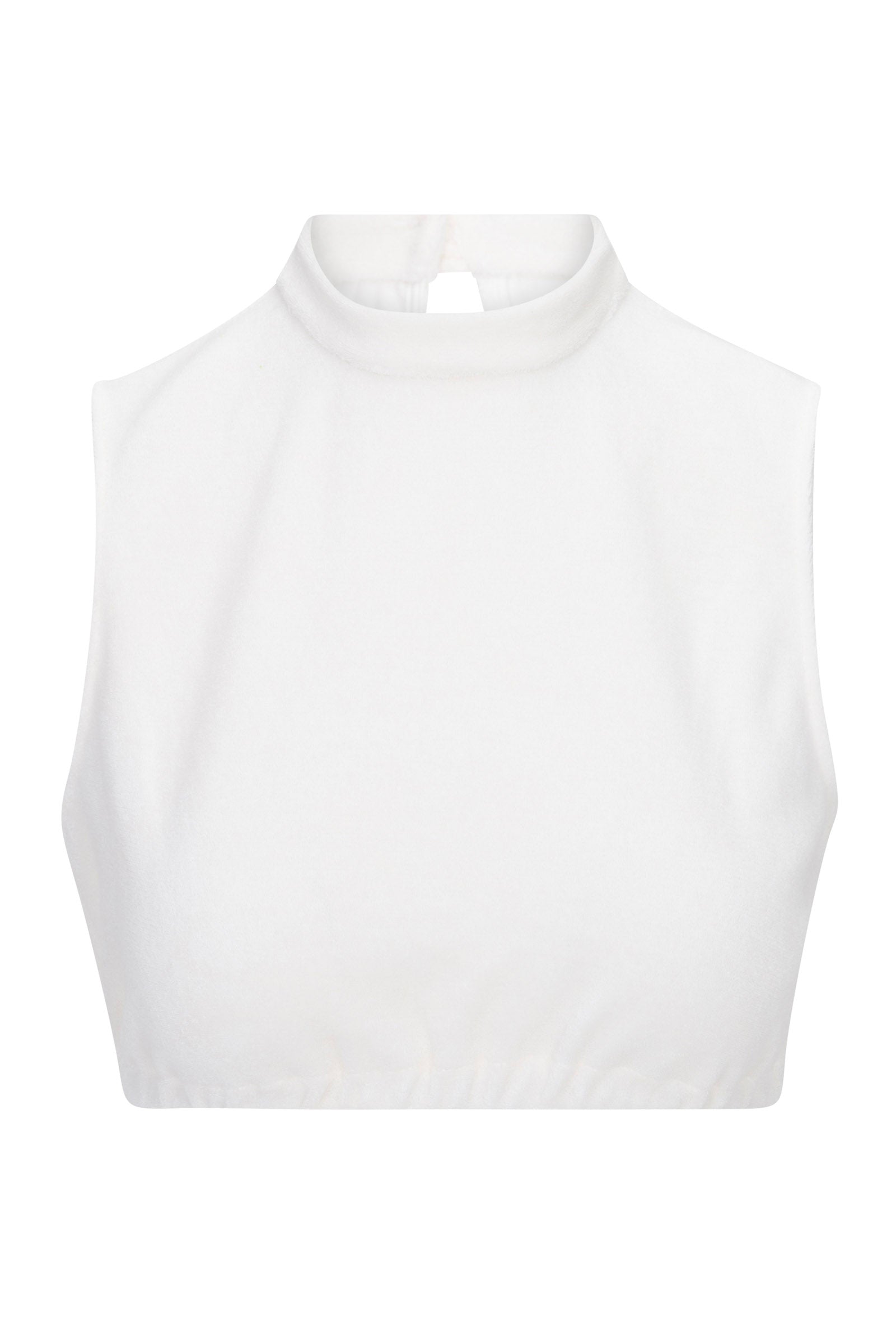 The Nelda Sleeveless Crop Top - Poolside Terry is a white, high-neck, fitted crop top without sleeves, shown on a plain white background.