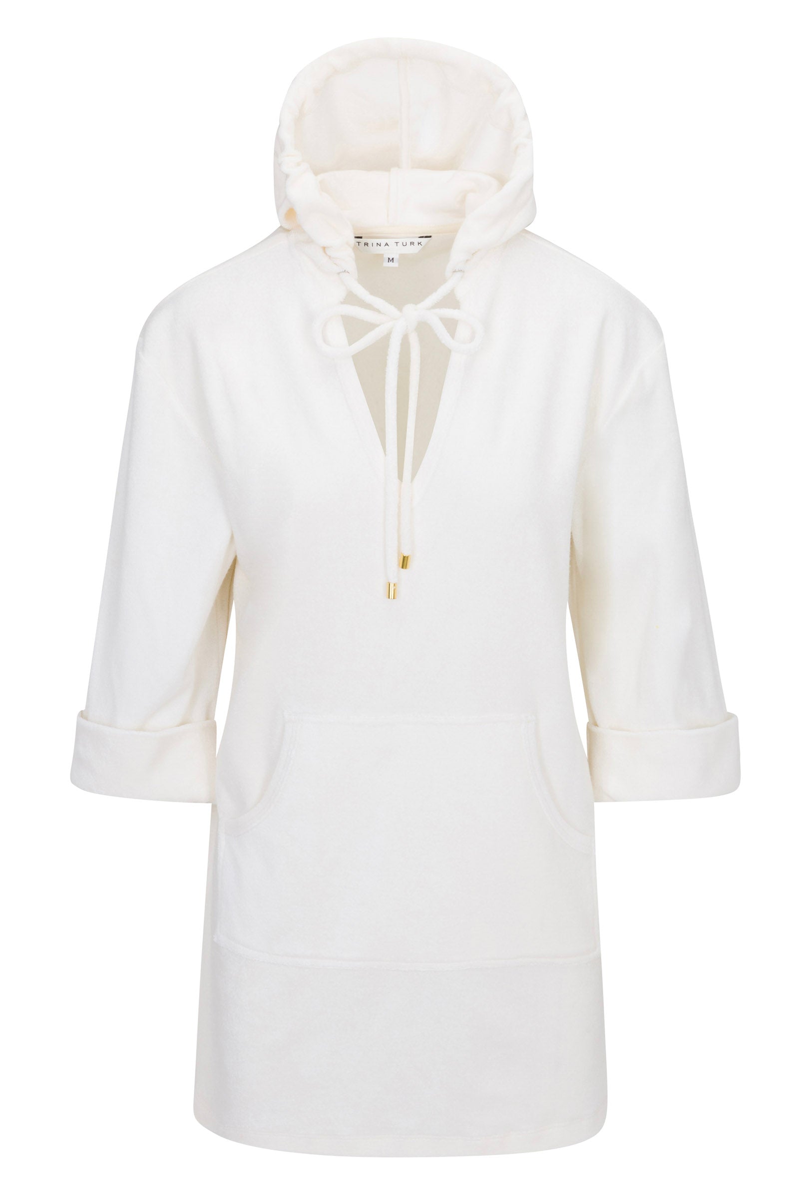 The Poolside 3/4-Sleeve Hoodie - Poolside Terry is a white, relaxed-fit hoodie featuring a front pocket, v-neck opening with drawstring, and rolled 3/4 sleeves.