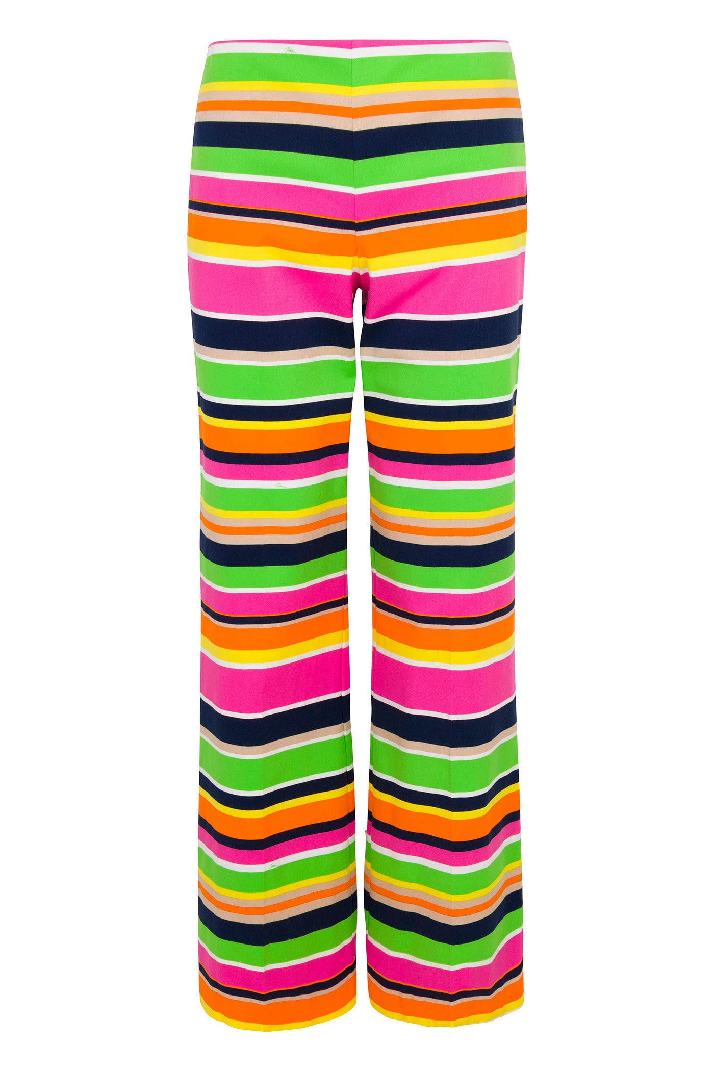The Rudi Straight-Leg Pant – Splash Stripe features horizontal stripes in pink, green, orange, yellow, navy blue, and black of varying thickness along the full length of these brightly colored pants.