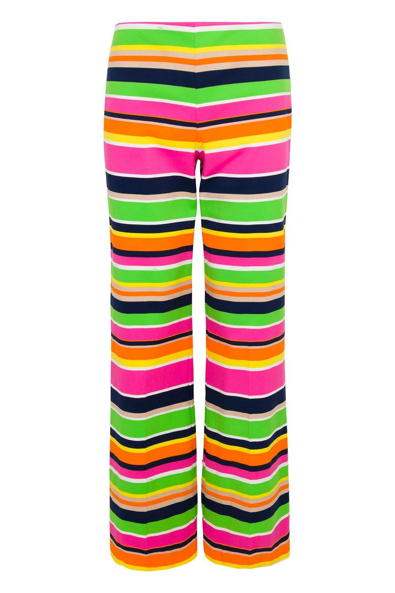The Rudi Straight-Leg Pant – Splash Stripe features horizontal stripes in pink, green, orange, yellow, navy blue, and black of varying thickness along the full length of these brightly colored pants.