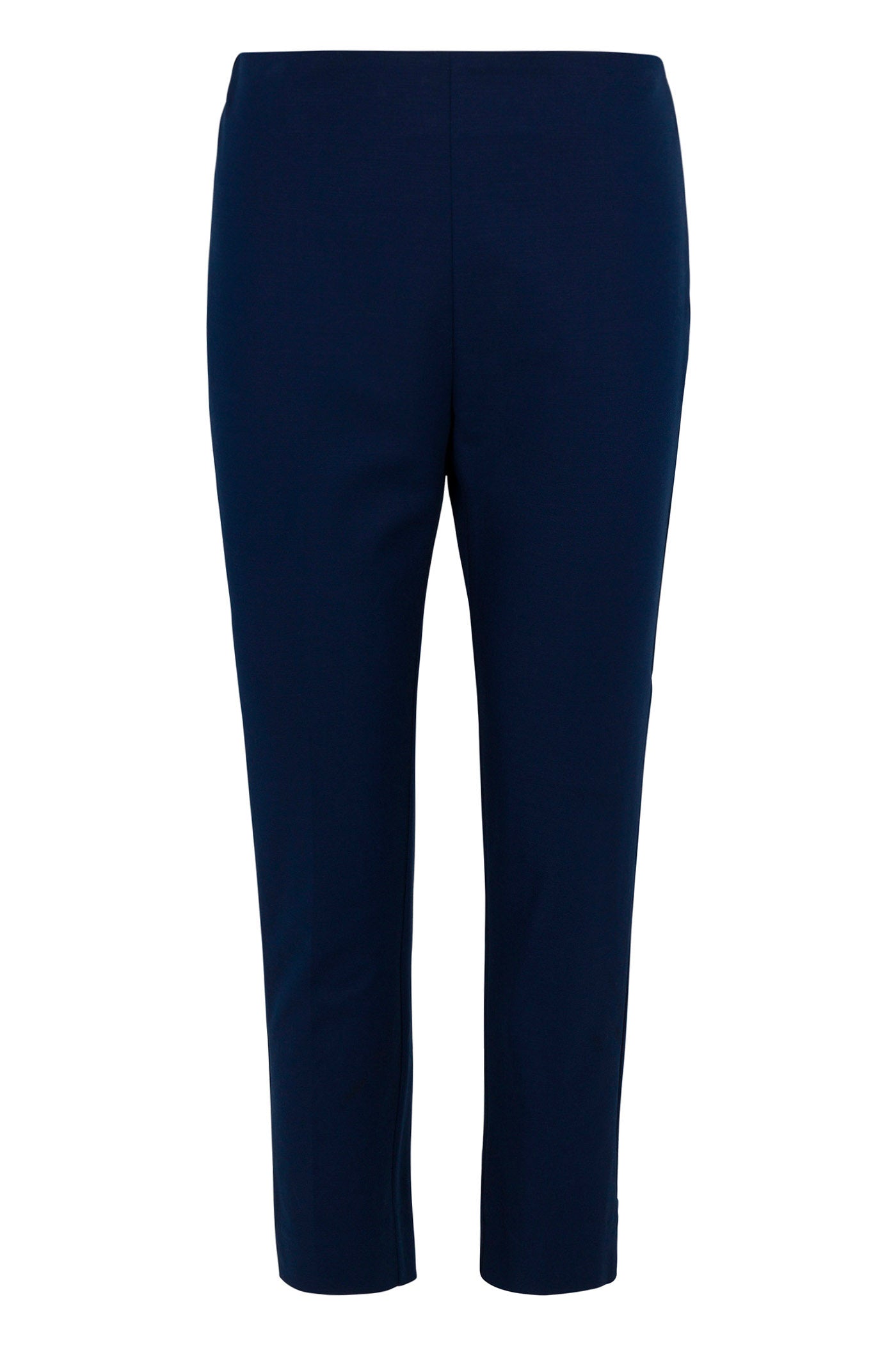 The Tie Breaker Slim Crop Pant - Solid Suiting features a navy blue color, high waist, straight-leg fit, and ankle-length hem, displayed against a white background.