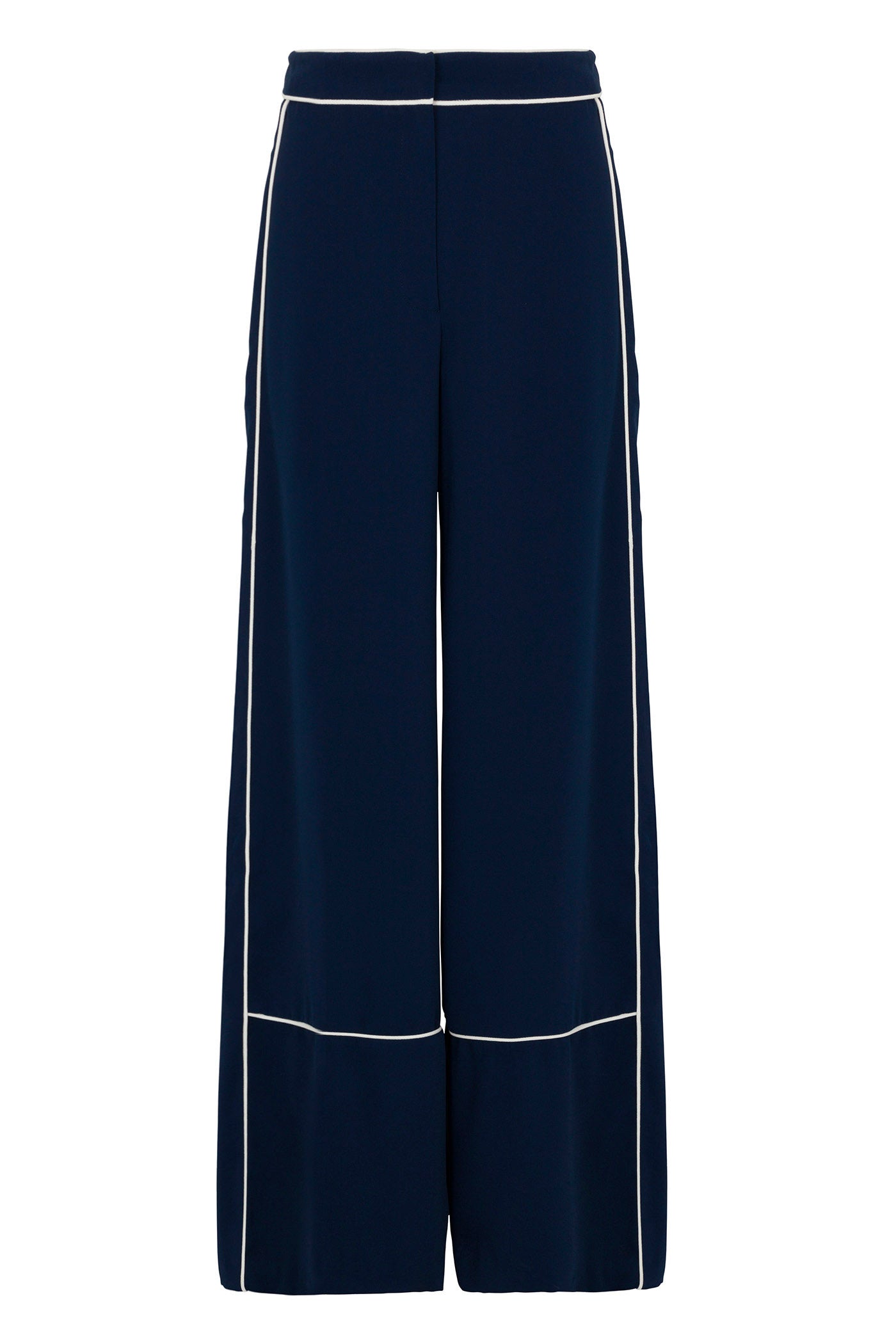 The Rivals Wide-Leg Pant - Double Georgette features a high waist, loose fit, and navy blue color with white piping along the waistband, side seams, and above the hem.