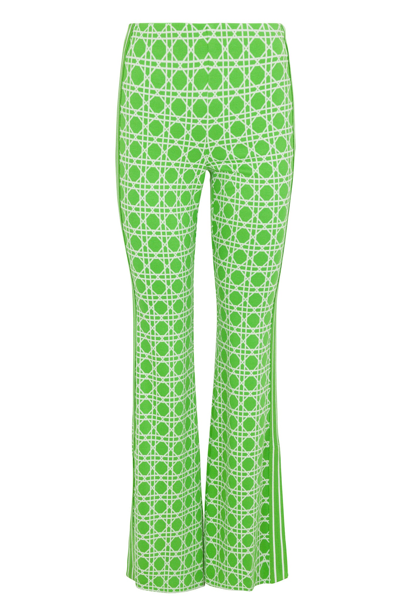 The Tennis Bootcut Pant - Billie Jean features a bright green color with white geometric and circular patterns, high waist, and slight flare at the bottom for a retro-inspired look.