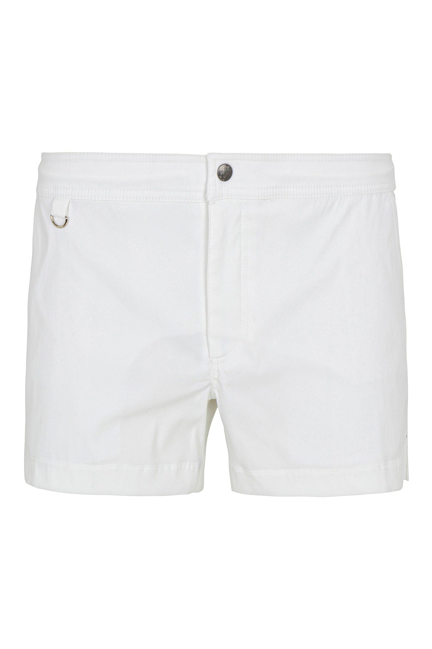 The Chico Swim Trunk - Lemar Solid is a pair of white mens swim shorts featuring a front button closure, a small metal loop on the left waistband, and a minimalist design.