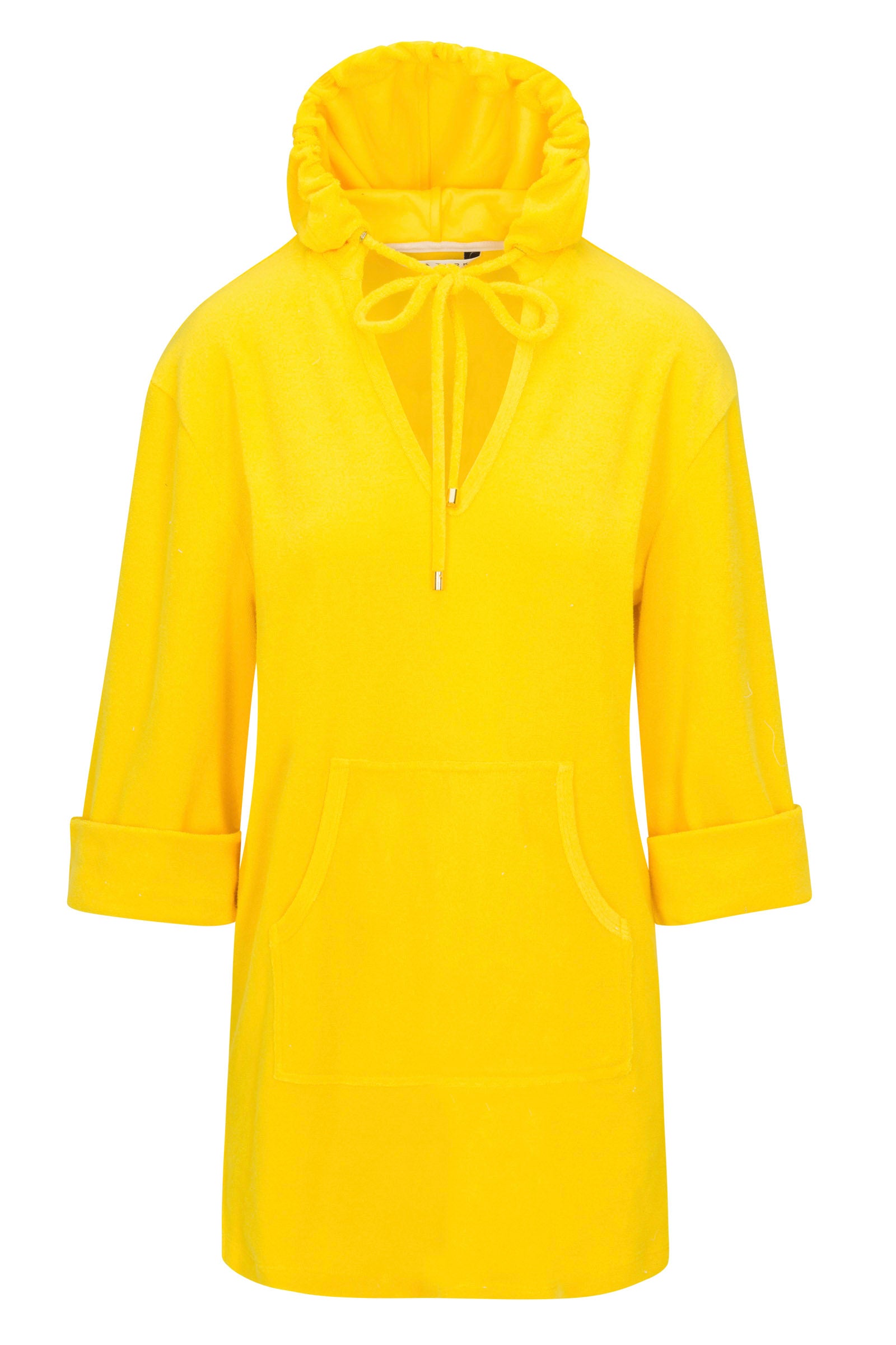 The Poolside 3/4-Sleeve Hoodie - Poolside Terry features a bright yellow color, front pocket, drawstring neckline, and three-quarter rolled sleeves, shown on a plain white background.