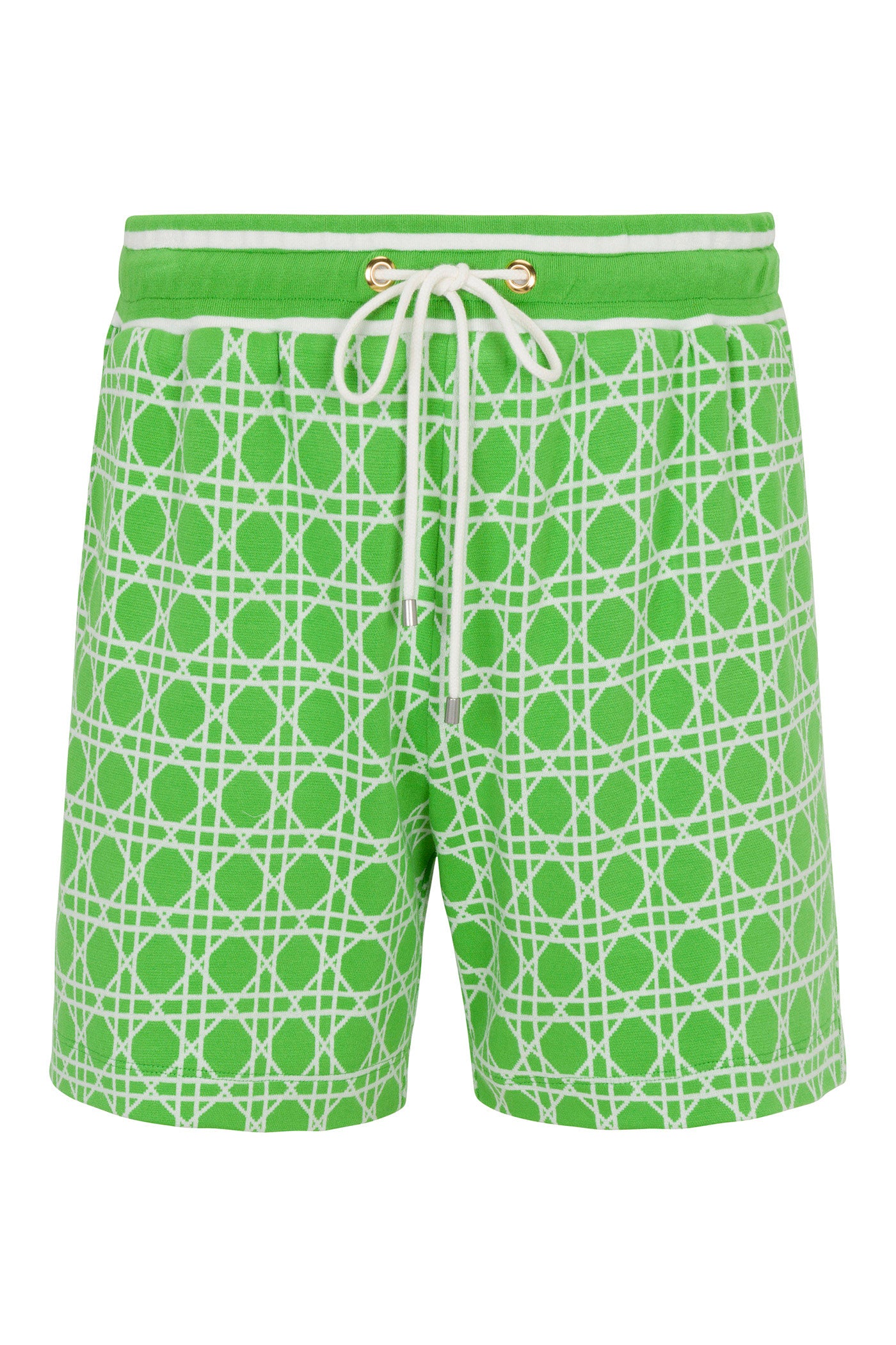 The Lounge Short - Billie Jean features green fabric with a white geometric lattice pattern, a drawstring waist with white string and gold eyelets, plus double white stripes on the waistband.