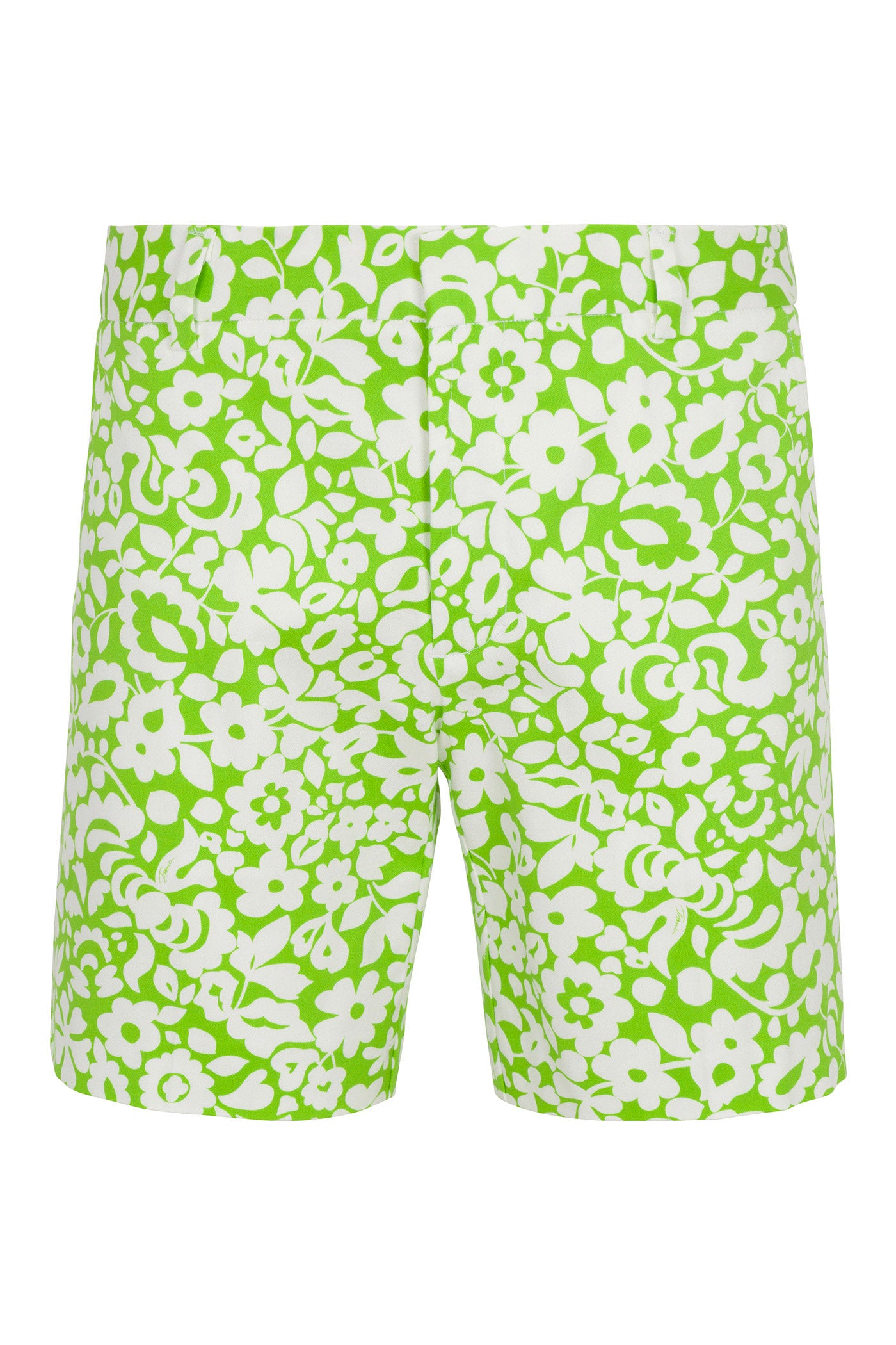 The Lawrence Short - Poolside Gossip features a green and white floral pattern with abstract flower and leaf shapes, a fitted waistband, and a seamless front with no visible pockets or closures.