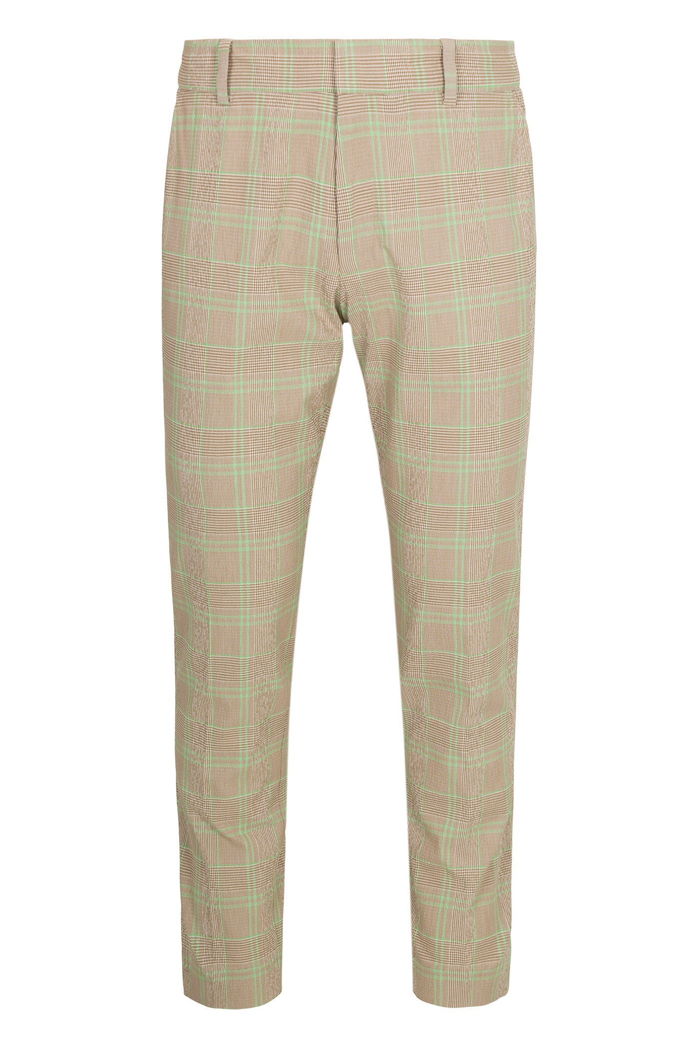 The Clyde Slim Trouser - Zianieri Plaid features tan plaid fabric with a subtle green check, a slim fit, cropped ankles, belt loops, and a flat front.