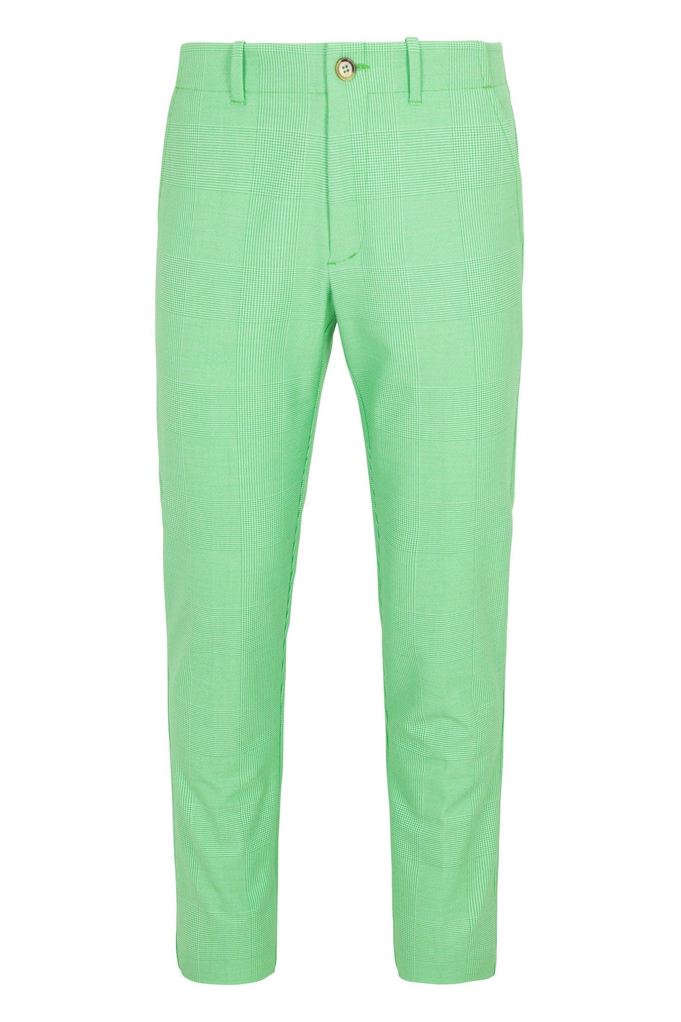 The Alex Slim Trouser - Game Time Glen Plaid features bright green, slim-fit design with a subtle glen plaid pattern, belt loops, button closure, and front pockets, shown against a white background.