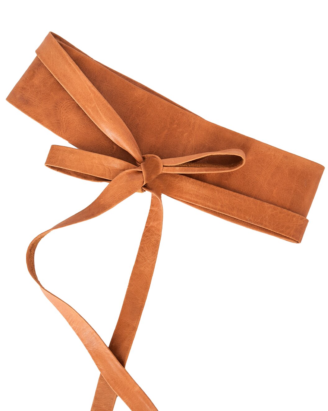 The ADA CLASSIC WRAP BELT is a wide, brown leather belt with long, thin straps that tie in a neat bow. Adjustable for fit, this stylish accessory is shown against a white background.