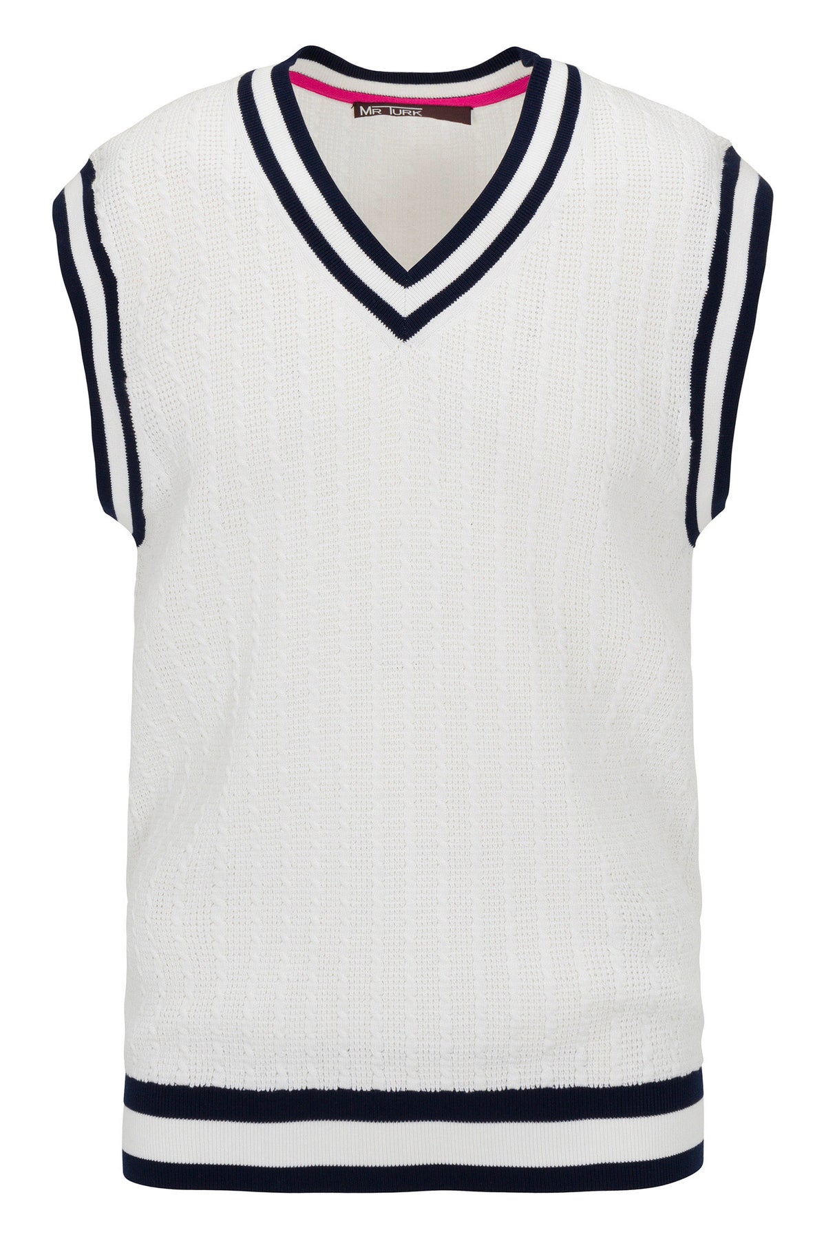 The Matthew V-Neck Knit Vest is a white sleeveless sweater vest with navy blue and black stripes on the collar, armholes, and hem.