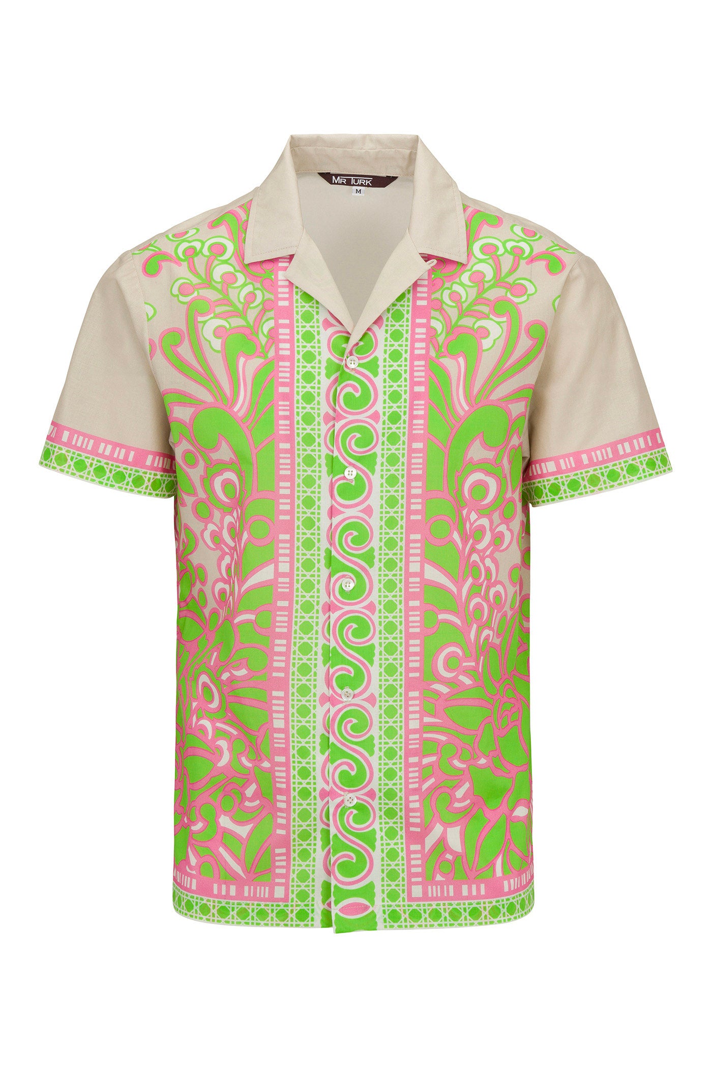 The Josue Short-Sleeve Shirt - Petra Floral features a beige base with bright pink and green abstract floral and geometric patterns on the front, sleeves, and collar.