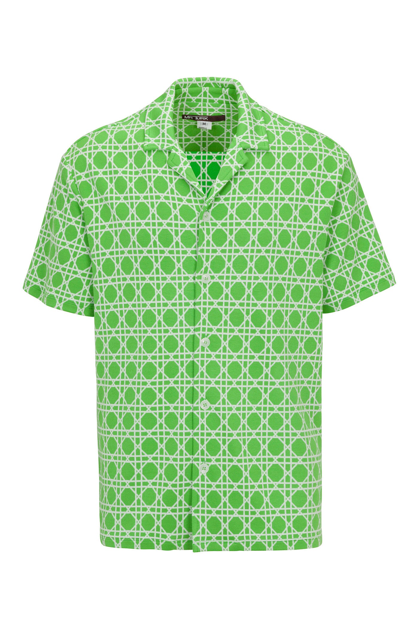 The Felix Short-Sleeve Knit Shirt - Billie Jean features a green base with a white geometric pattern of intersecting circles and lines, a relaxed collar, and a casual fit.