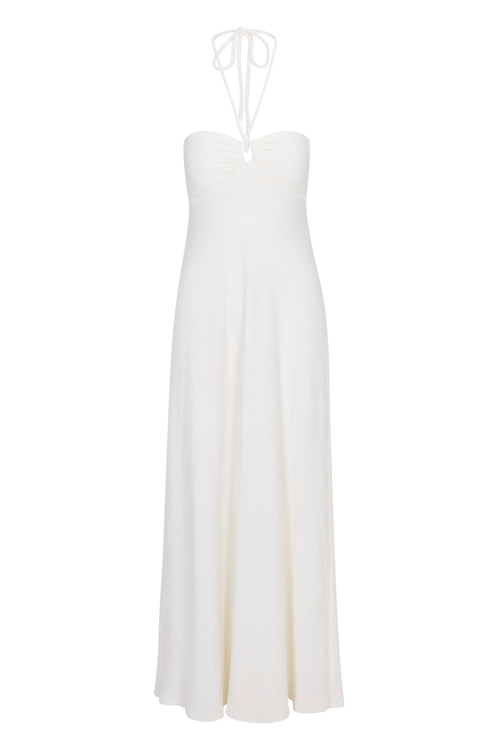 The Palm Sleeveless Maxi Dress - Poolside Terry is a long, white halter dress with a fitted, gathered bodice and neck tie, shown on a plain white background.