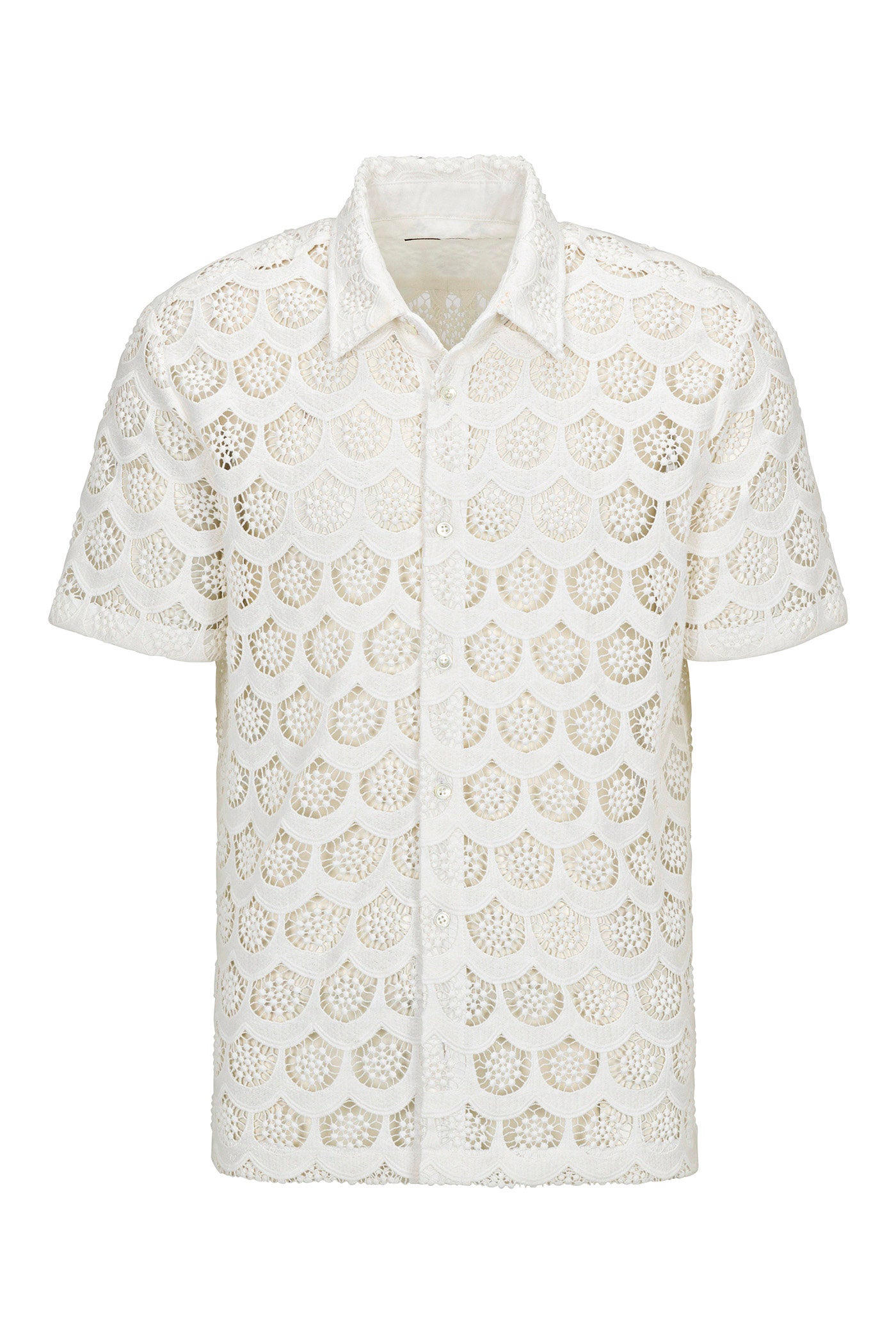 The Branson Short-Sleeve Shirt - Crochet Lace is a white, semi-sheer button-up with a pointed collar and scallop-patterned open lace design.