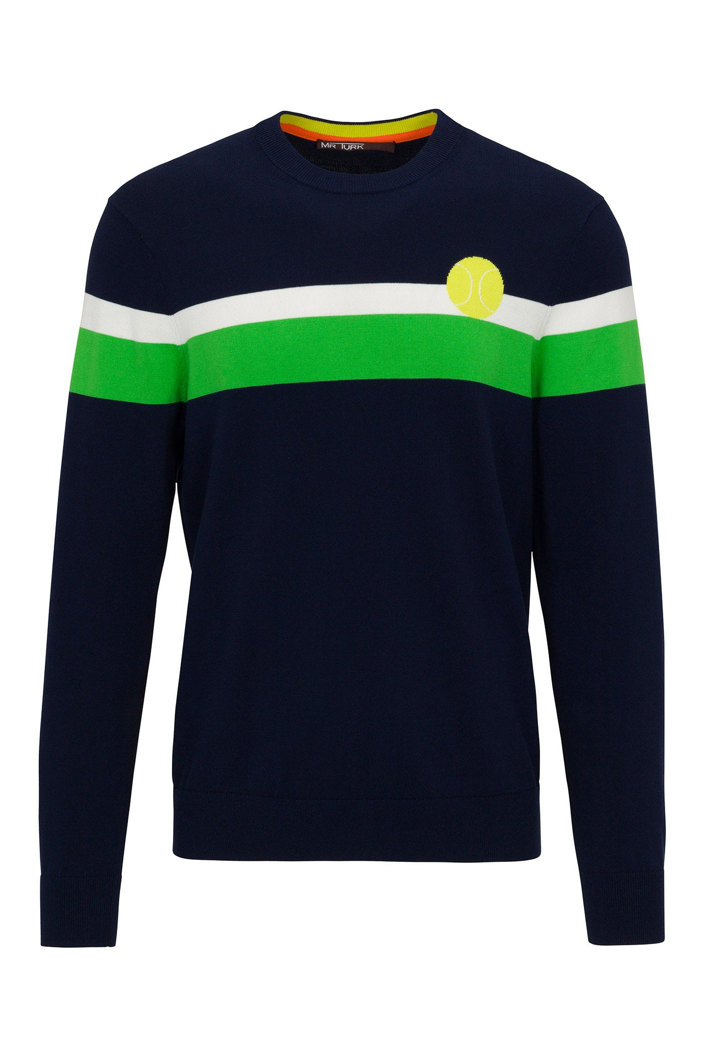 The Romero Crewneck Sweater features a blue and green design with a tennis ball motif.
