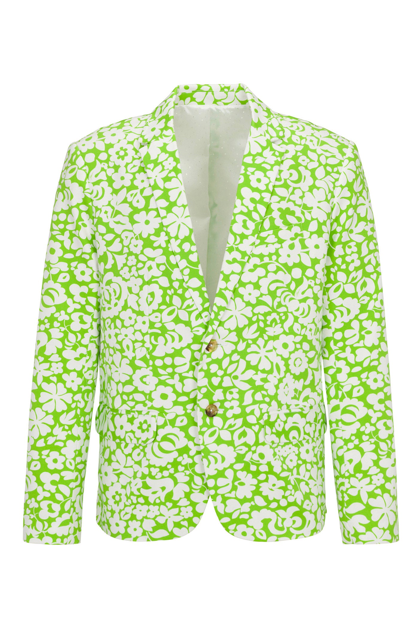 The Thurston Blazer - Poolside Gossip is a bright green blazer with an all-over white floral print, notched lapel, two buttons, and a single chest pocket.