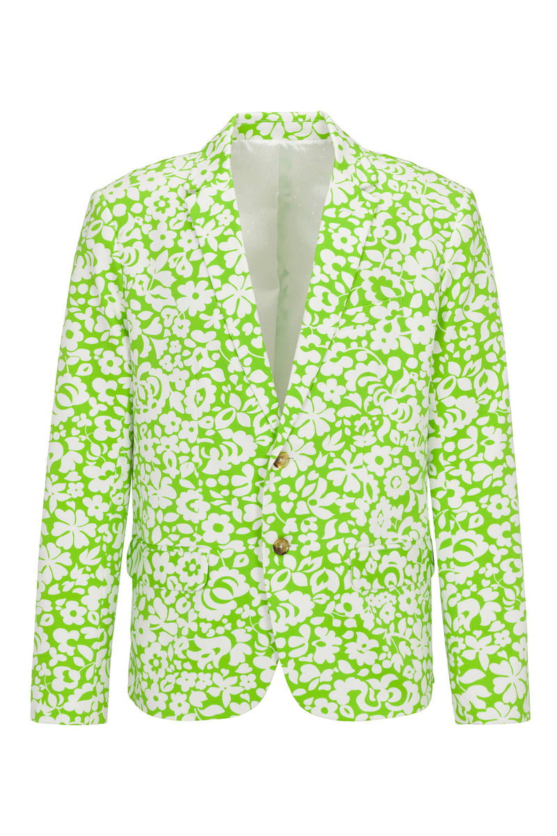 The Thurston Blazer - Poolside Gossip is a bright green blazer with an all-over white floral print, notched lapel, two buttons, and a single chest pocket.