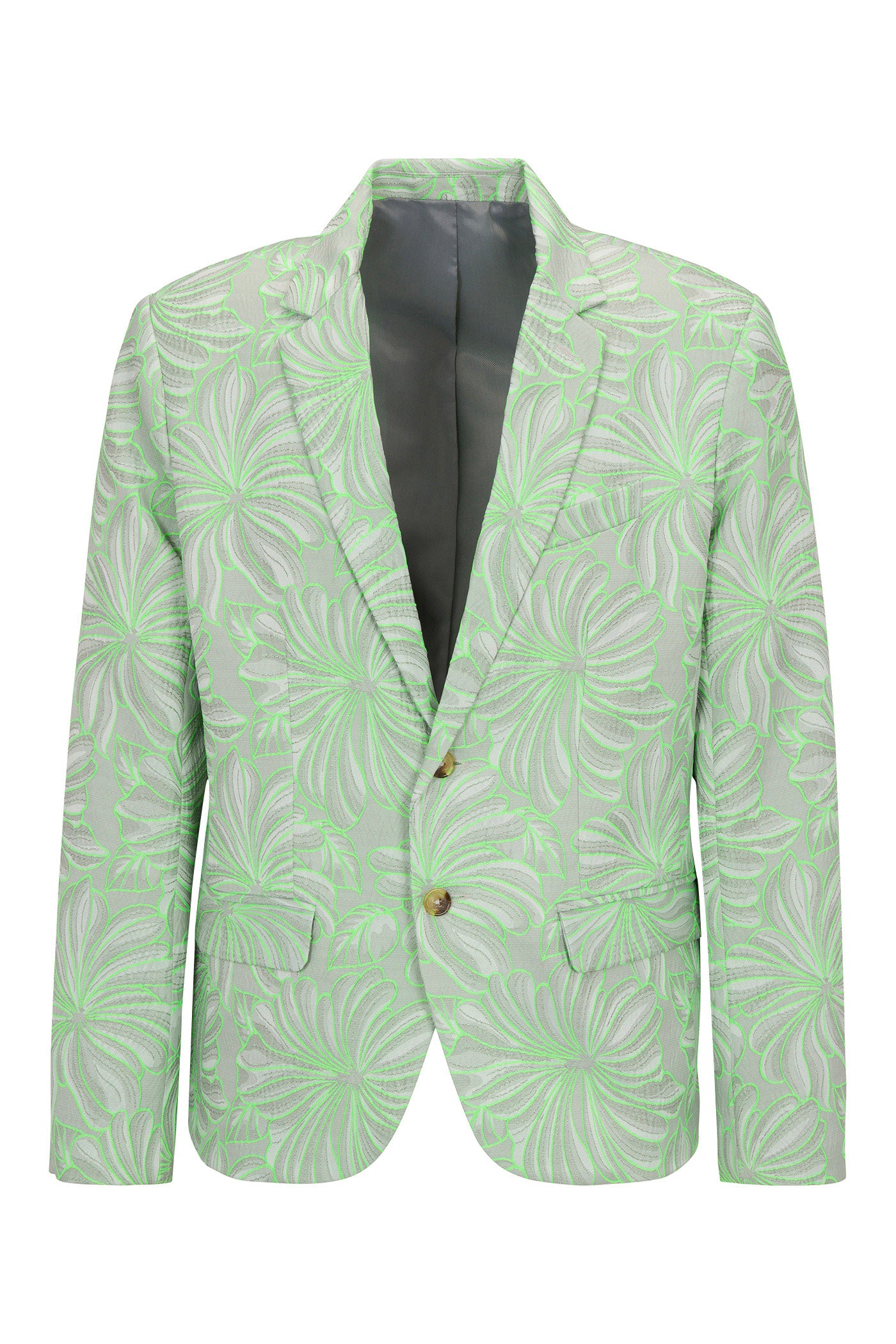 The Thurston Blazer - Hibiscus Jacquard is a light gray blazer with a bold green leaf pattern, two front pockets, a notched lapel, and two buttons, shown against a white background.