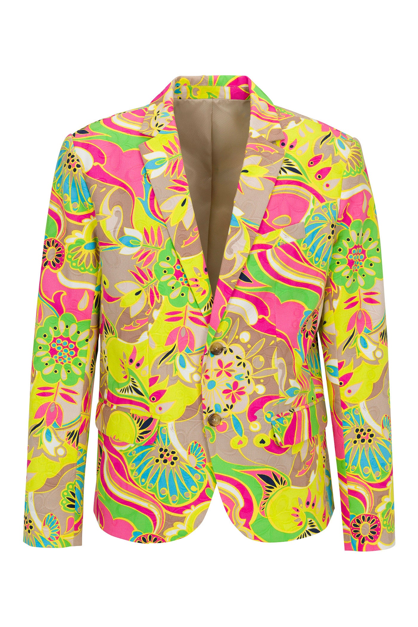 The Thurston Blazer - Venus features a bold, abstract floral pattern in yellow, pink, green, blue, and beige. This single-breasted blazer includes a notched lapel and front pocket for a vibrant statement look.