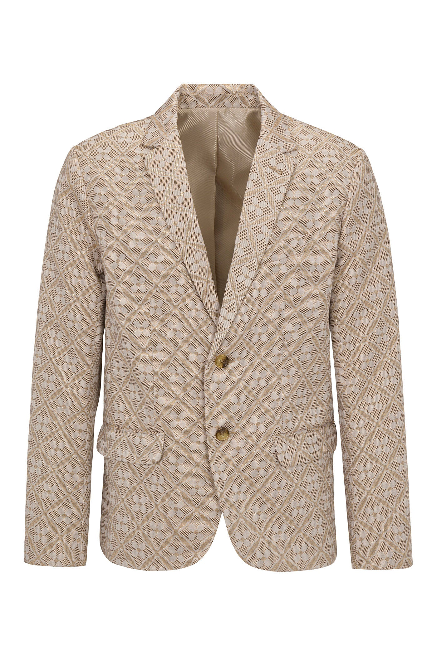 The Thurston Blazer - Metallic Daisy Jacquard features a beige geometric and floral jacquard pattern, notched lapels, two front buttons, flap pockets, and a light tan lining.