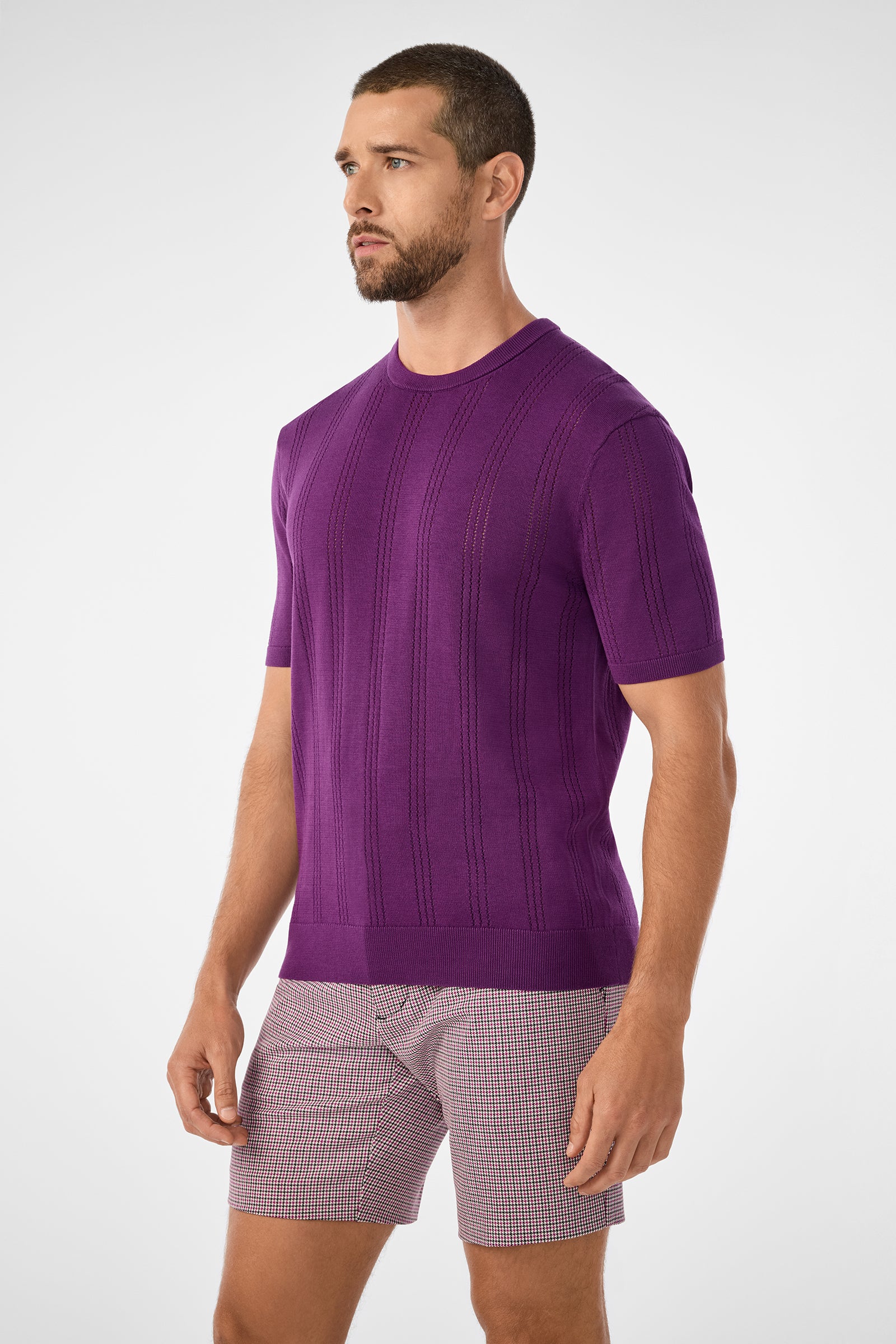 A man with short hair and a trimmed beard wears the Carlo Short-Sleeve Crewneck in purple and plaid shorts, standing against a plain light background.