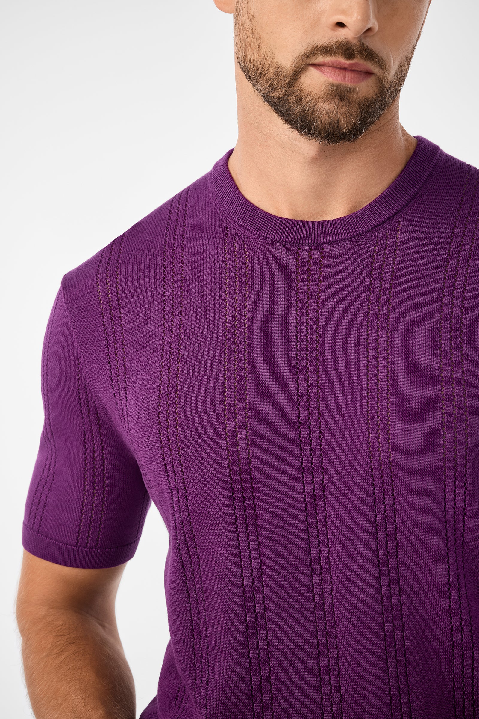 A man with a trimmed beard models the Carlo Short-Sleeve Crewneck in purple, featuring vertical textured stripes. Only his lower face, chest, and part of his arms are shown against a plain light background.