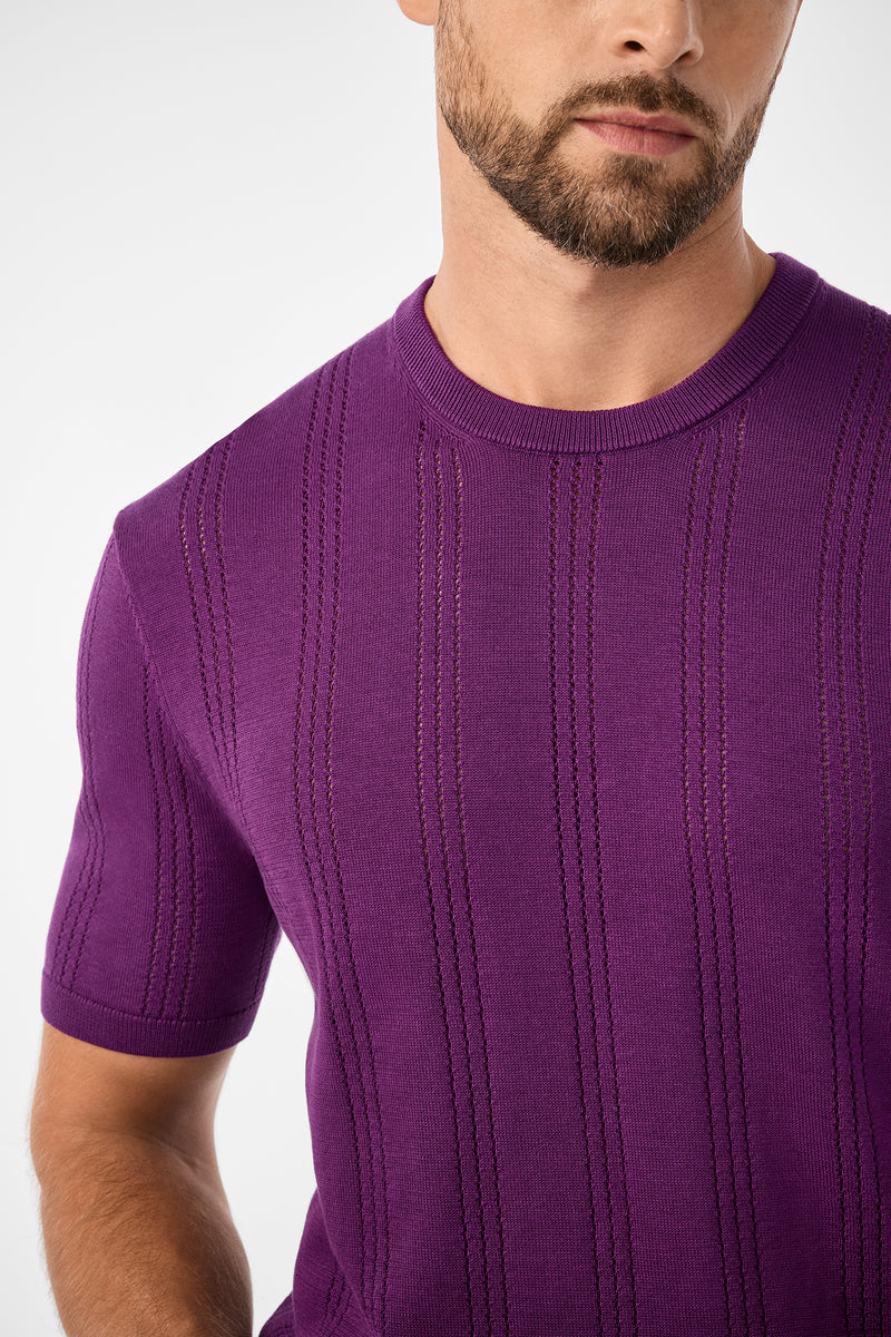 A man with a trimmed beard models the Carlo Short-Sleeve Crewneck in purple, featuring vertical textured stripes. Only his lower face, chest, and part of his arms are shown against a plain light background.