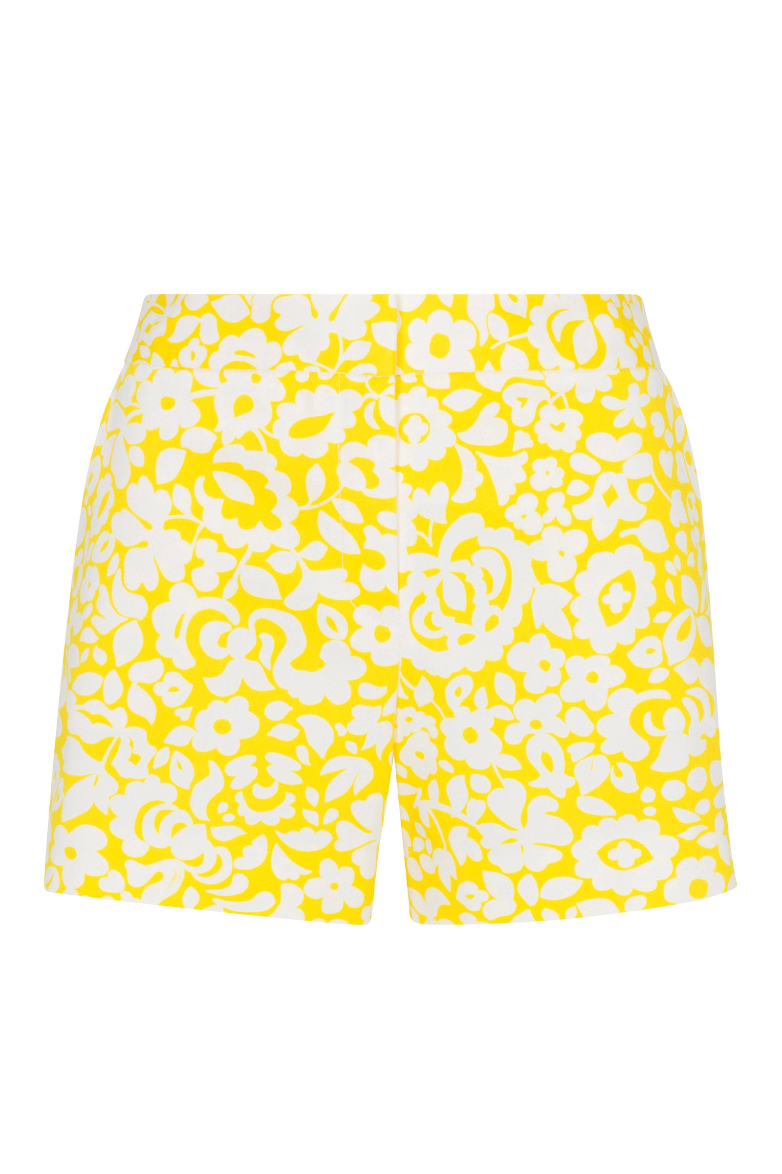 The Corbin 2 Shorts - Poolside Gossip feature a high-waisted, tailored fit with a bold yellow and white floral print of stylized flowers and leaves. These shorts have a clean look with no visible waistband or pockets.