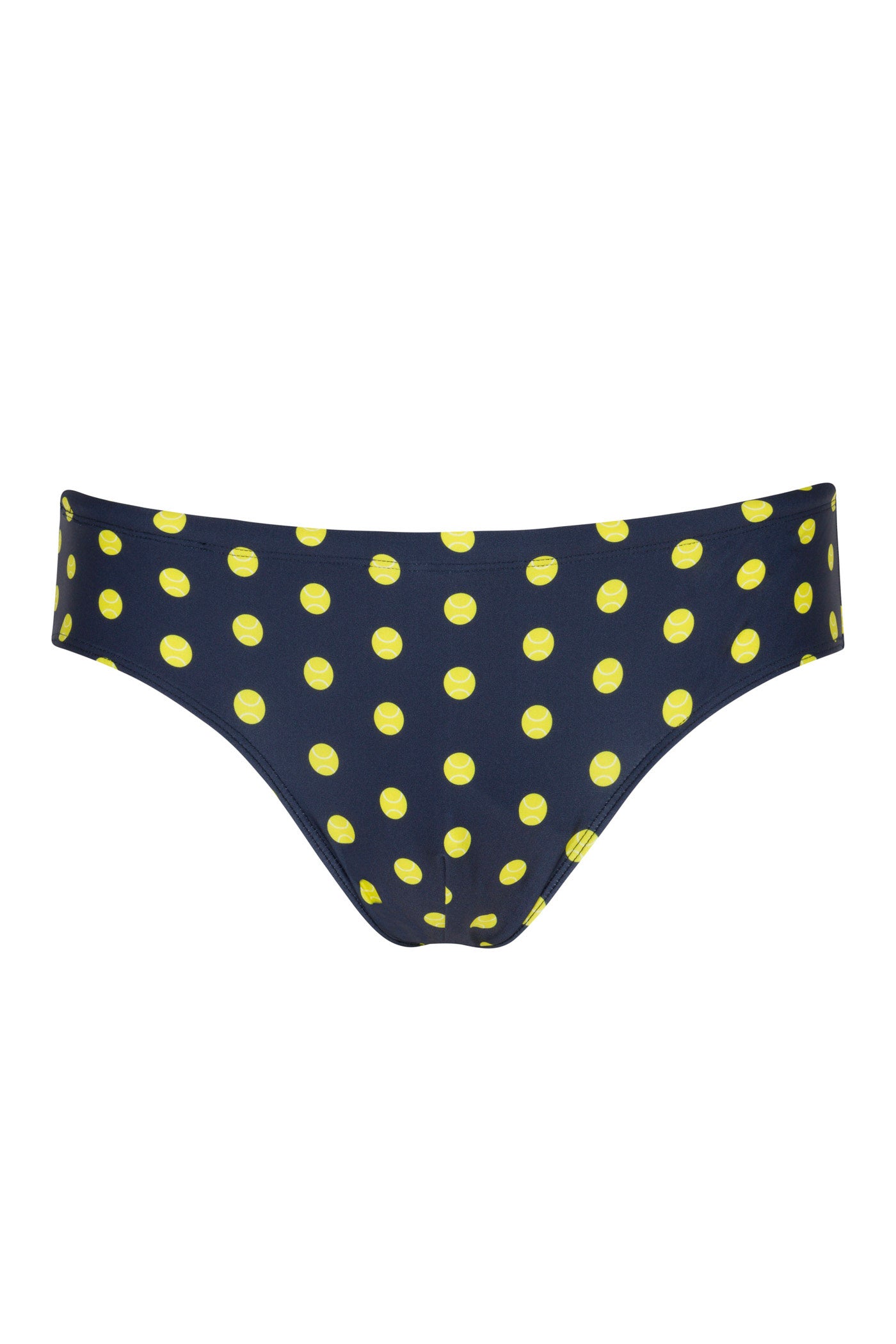 The Bondi Swim Brief - Tennis Polka Dot features navy blue bikini bottoms with evenly spaced yellow polka dots.