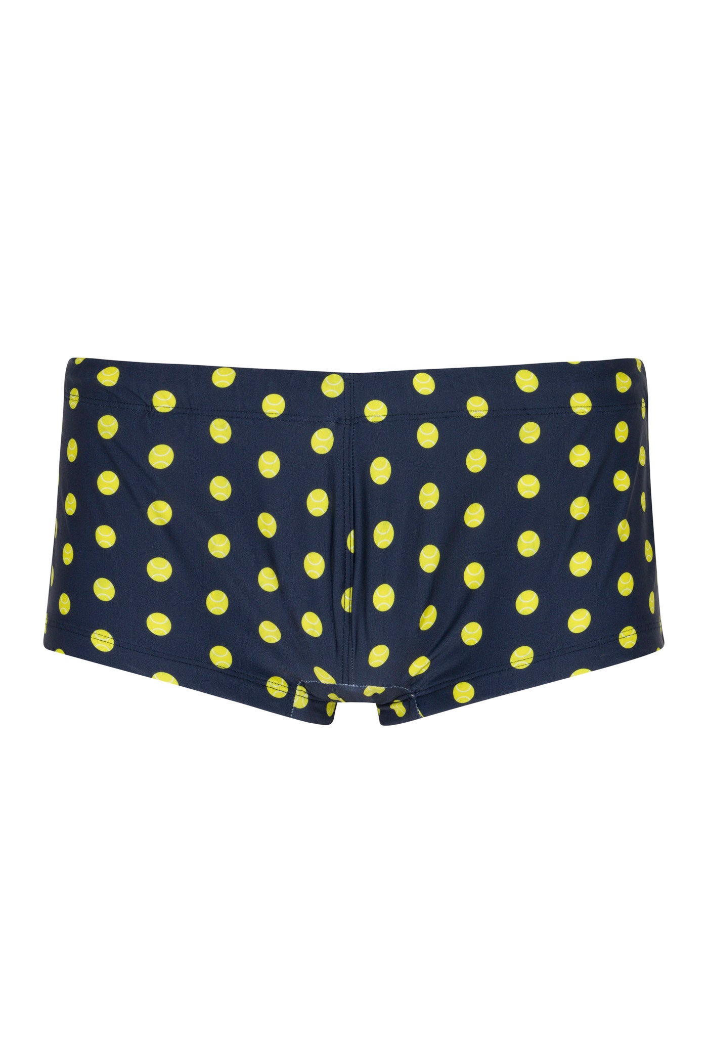 The Sorrento Swim Trunk - Tennis Polka Dot features a navy blue color with a yellow polka dot pattern, shown against a white background.