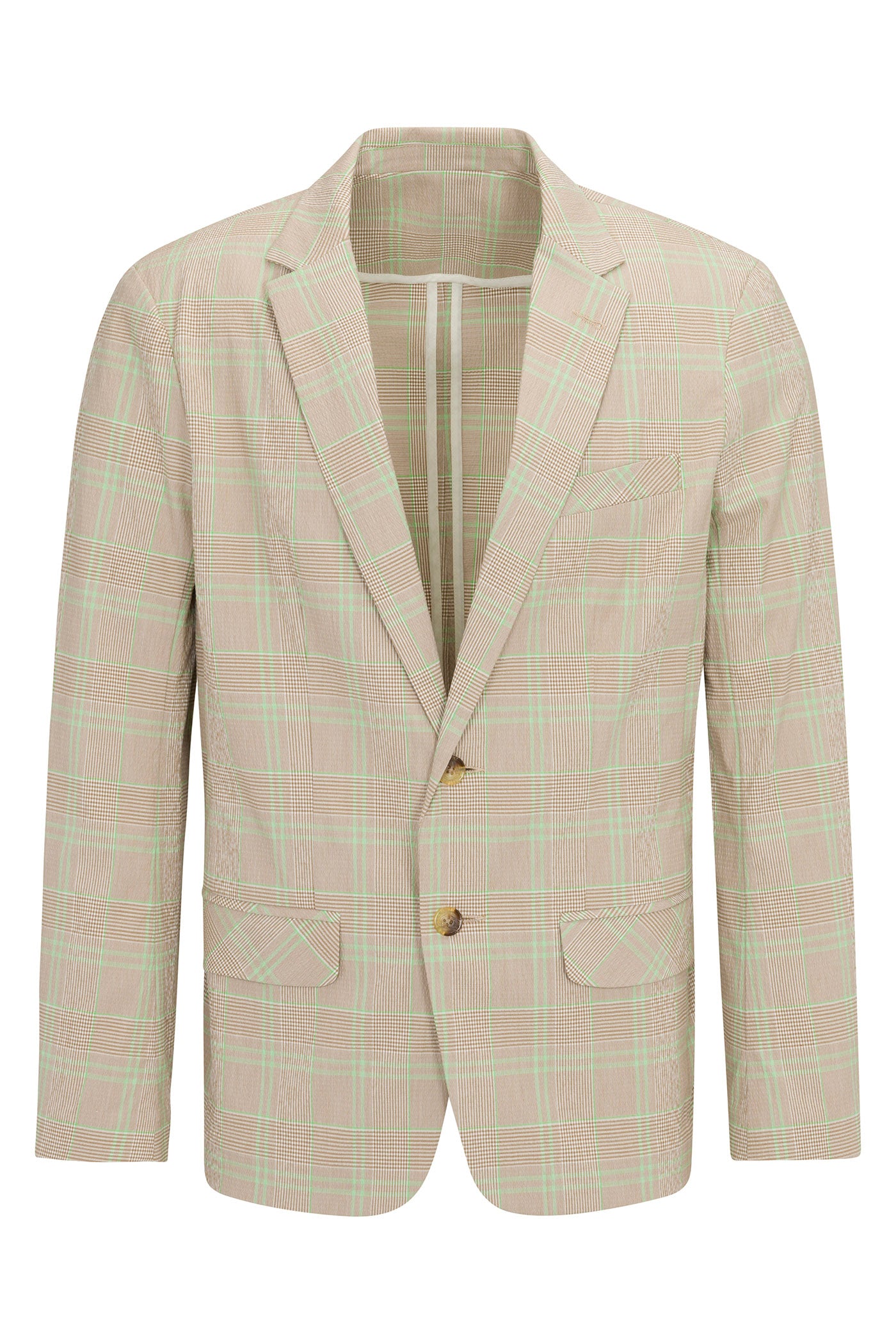 The Louie Blazer - Zianieri Plaid is a beige blazer with a green plaid pattern, notched lapel, two front buttons, chest pocket, and two flap pockets, shown against a white background.