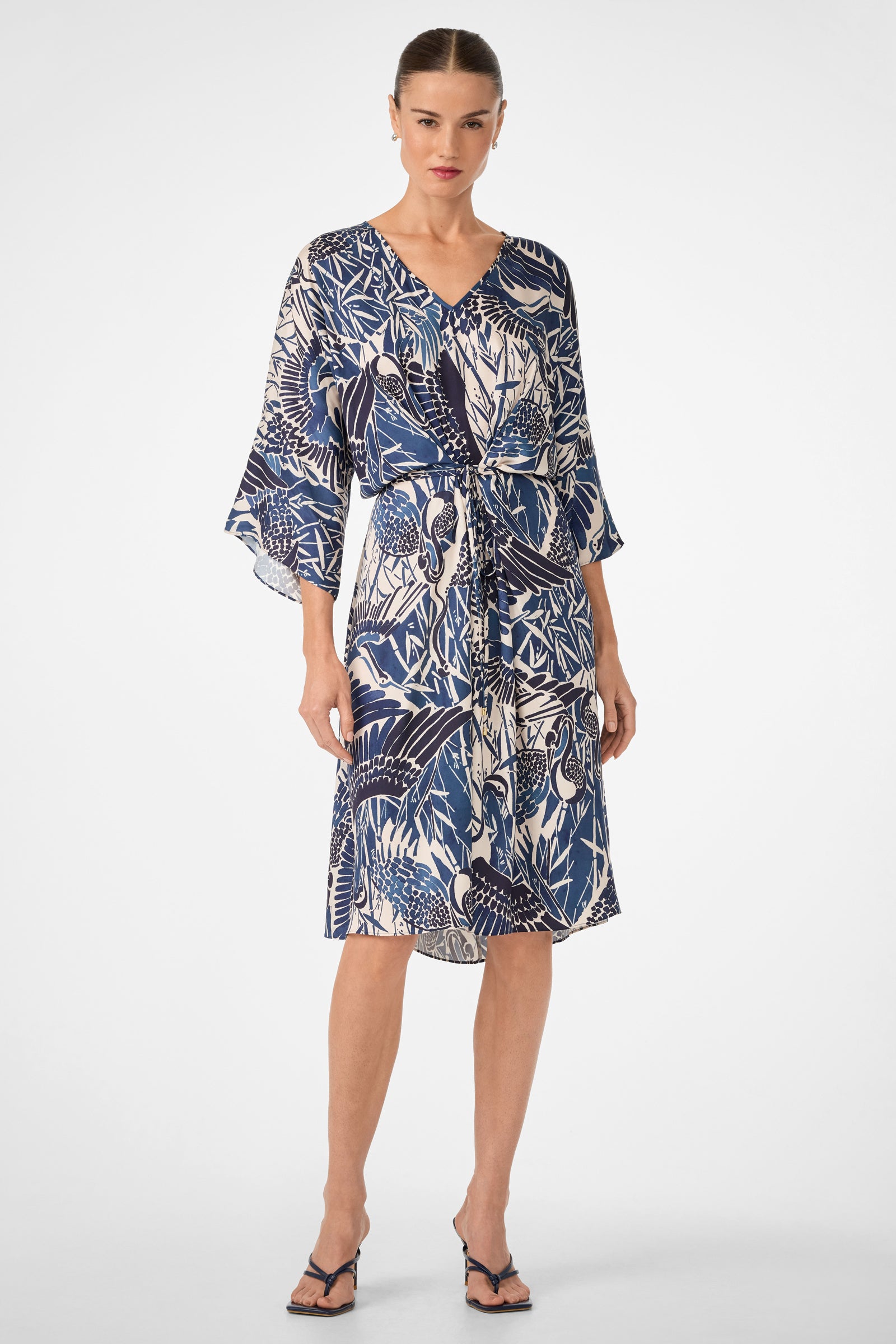 A woman wears the Topspin Short-Sleeve Midi Dress - Tsuru, featuring blue and white patterns, a V-neck, wide sleeves, tied waist, and knee-length cut. She pairs it with black heeled sandals; her hair is pulled back. White background.