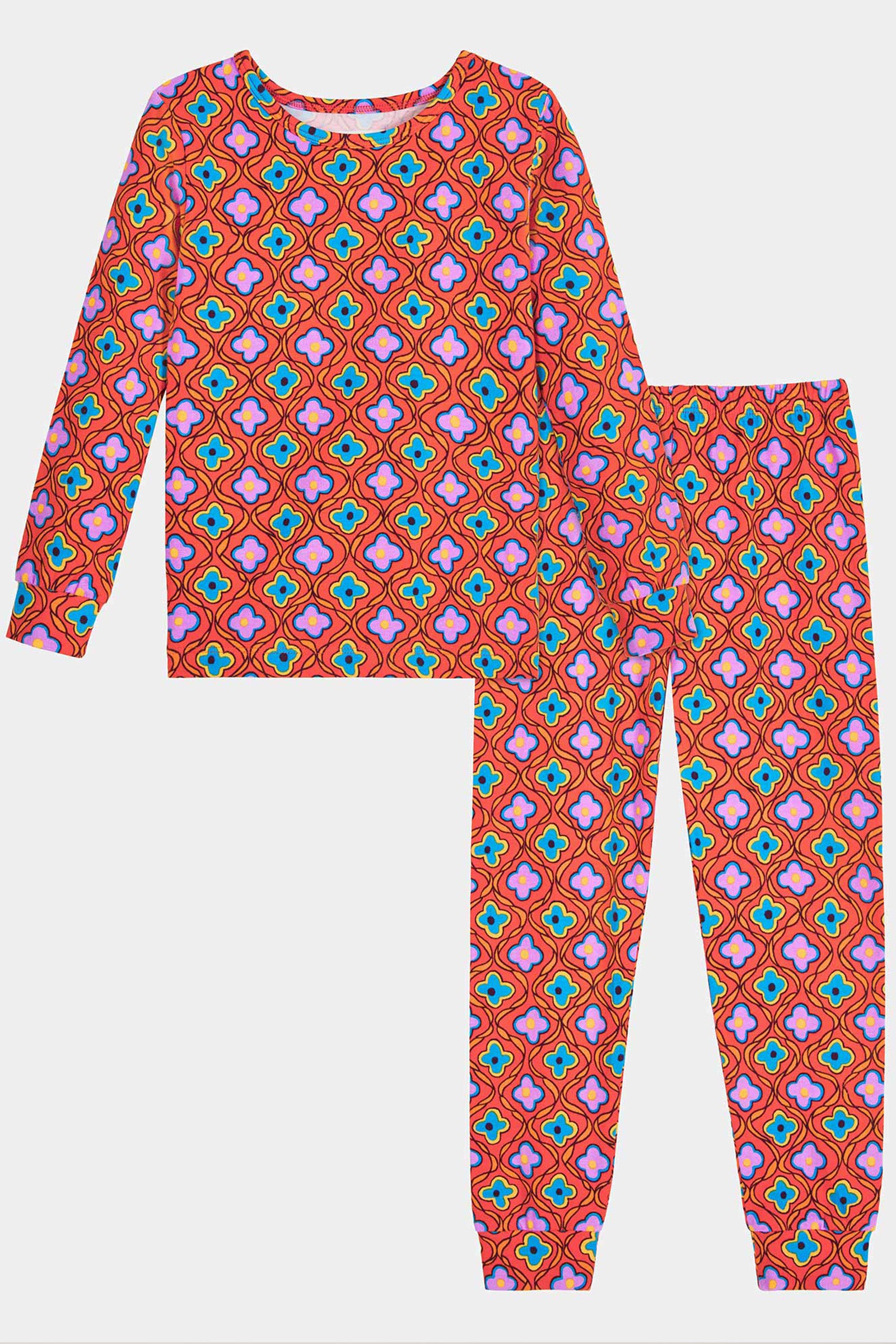 The Daisy Foulard 2Pc Kids Pj Set is a matching long-sleeve pajama set with a vibrant geometric pattern in red, orange, blue, green, and pink on both the top and pants.