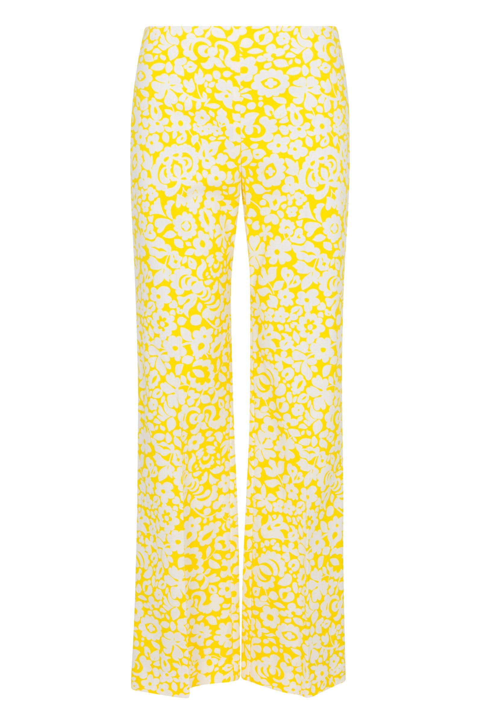 The Lulu Cropped Pant - Poolside Gossip features a yellow and white high-waisted, wide-leg design with an all-over floral pattern, shown against a plain white background.