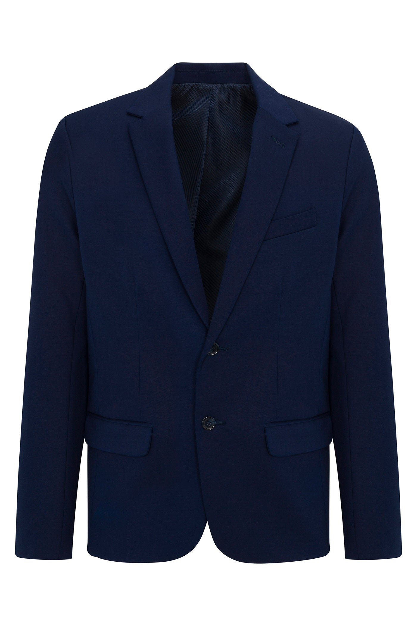 The Thurston Blazer - Solid Suiting is a navy blue men’s blazer with two buttons, front flap pockets, a chest pocket, and notched lapels, displayed against a white background.