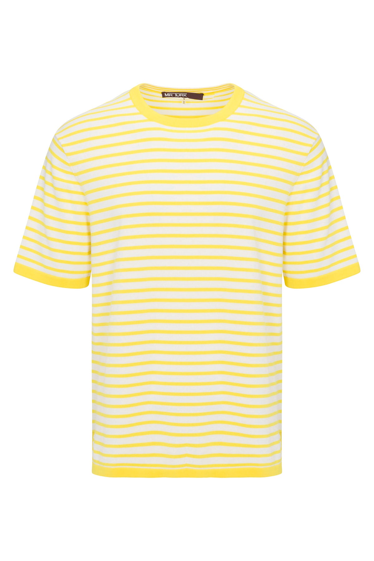 The Giovanni Stripe Short-Sleeve Pullover features horizontal yellow and white stripes with a yellow ribbed collar and sleeves.