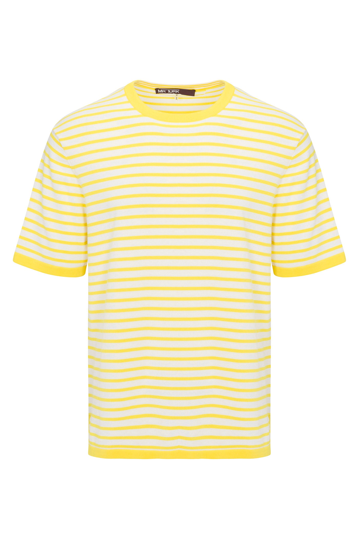 The Giovanni Stripe Short-Sleeve Pullover features horizontal yellow and white stripes with a yellow ribbed collar and sleeves.