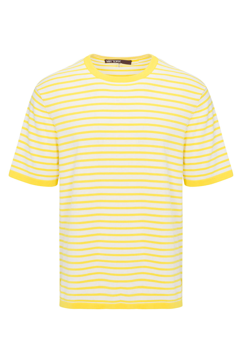 The Giovanni Stripe Short-Sleeve Pullover features horizontal yellow and white stripes with a yellow ribbed collar and sleeves.