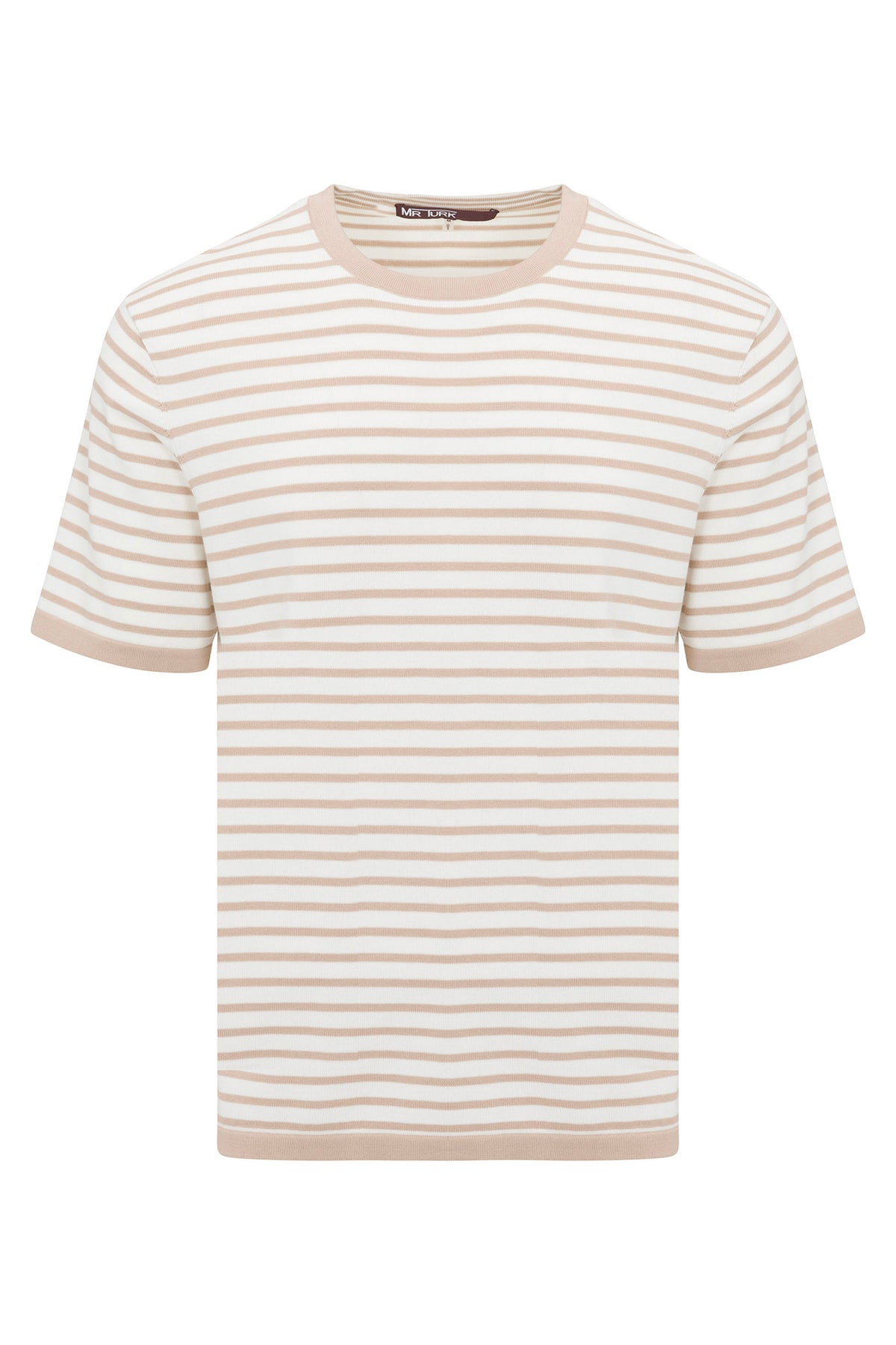 The Giovanni Stripe Short-Sleeve Pullover features beige and white horizontal stripes, a crew neck, and solid beige trim on the collar, sleeves, and hem for a simple, casual look.