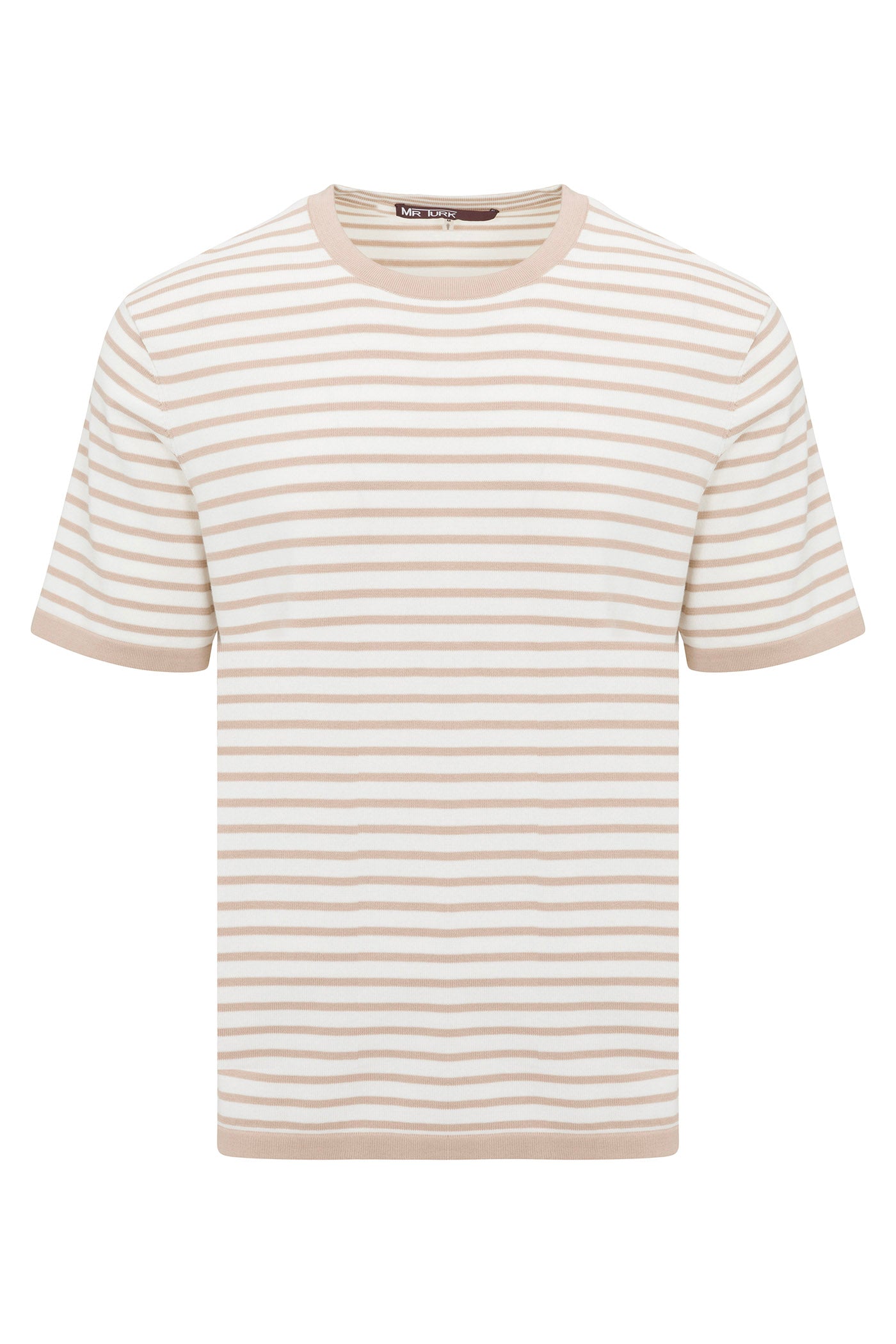 The Giovanni Stripe Short-Sleeve Pullover features beige and white horizontal stripes, a crew neck, and solid beige trim on the collar, sleeves, and hem for a simple, casual look.