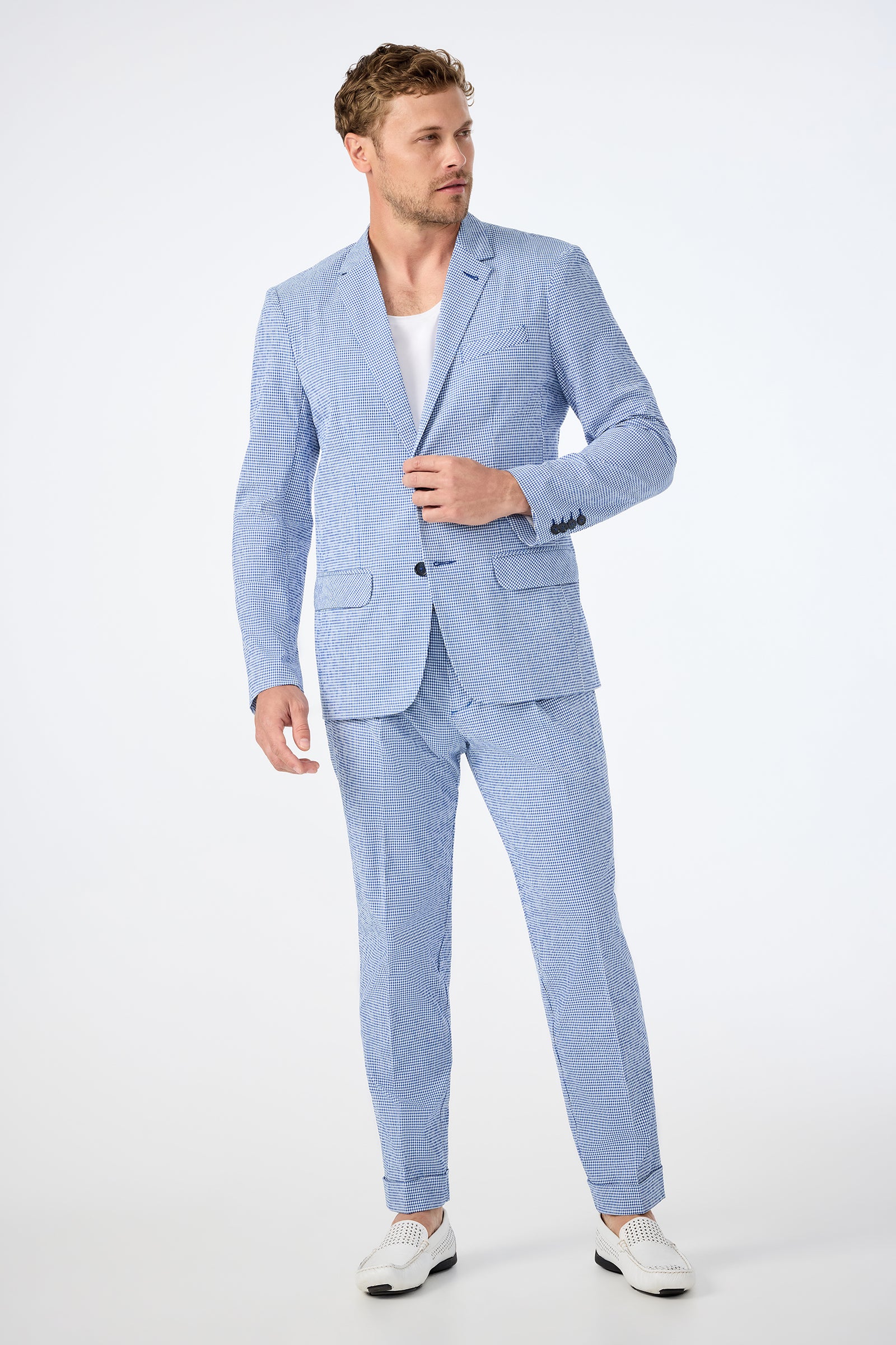 Beale Pleated Trouser - Ocean Gingham