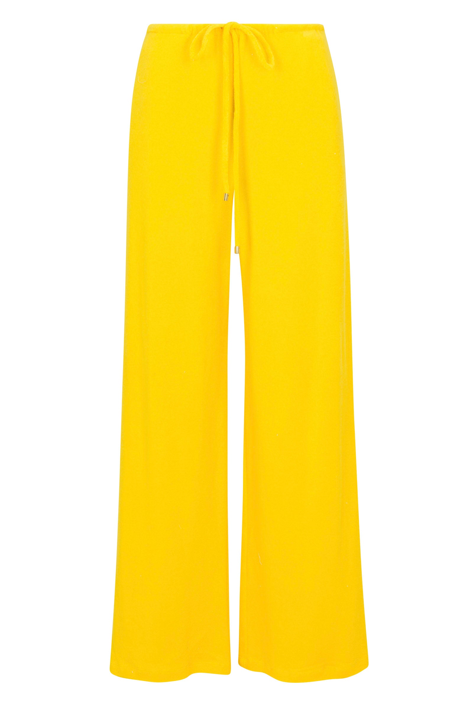 The Linsk Wide-Leg Pant - Poolside Terry features a relaxed fit, drawstring waist, and bright yellow terry fabric, shown against a white background.