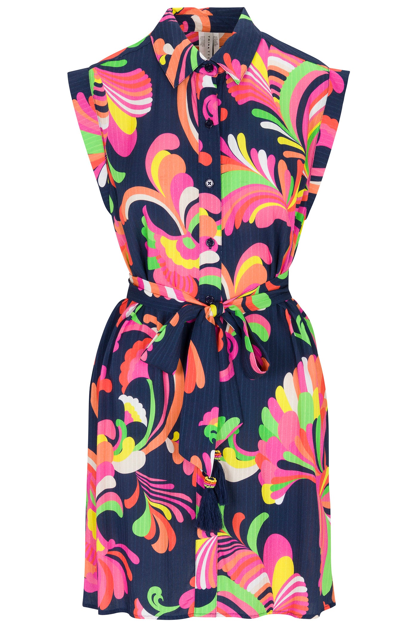 The Sleeveless Shirtdress Cover-Up - Palms Paradise features a collared, sleeveless design with a vibrant abstract floral print, button-down front, and matching fabric belt with tassels on a navy background.