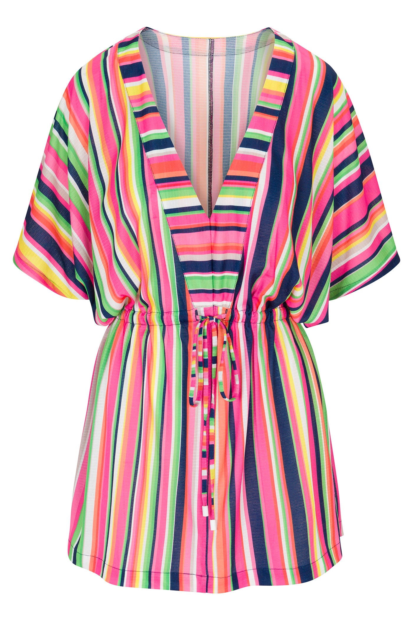 The Cinch Tunic V-Neck Cover-Up in Splash Stripe is a short-sleeved blouse with a drawstring waist and vibrant pink, green, yellow, blue, and orange vertical stripes. Lightweight and airy—perfect for casual summer days.