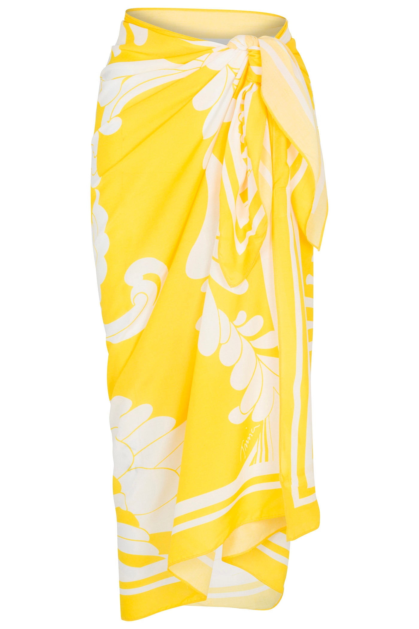 The Pareo Swim Cover-Up - Monaco Desert Sun features a yellow design with white floral and leaf patterns, a waist tie knot, asymmetrical hem, and lightweight fabric.
