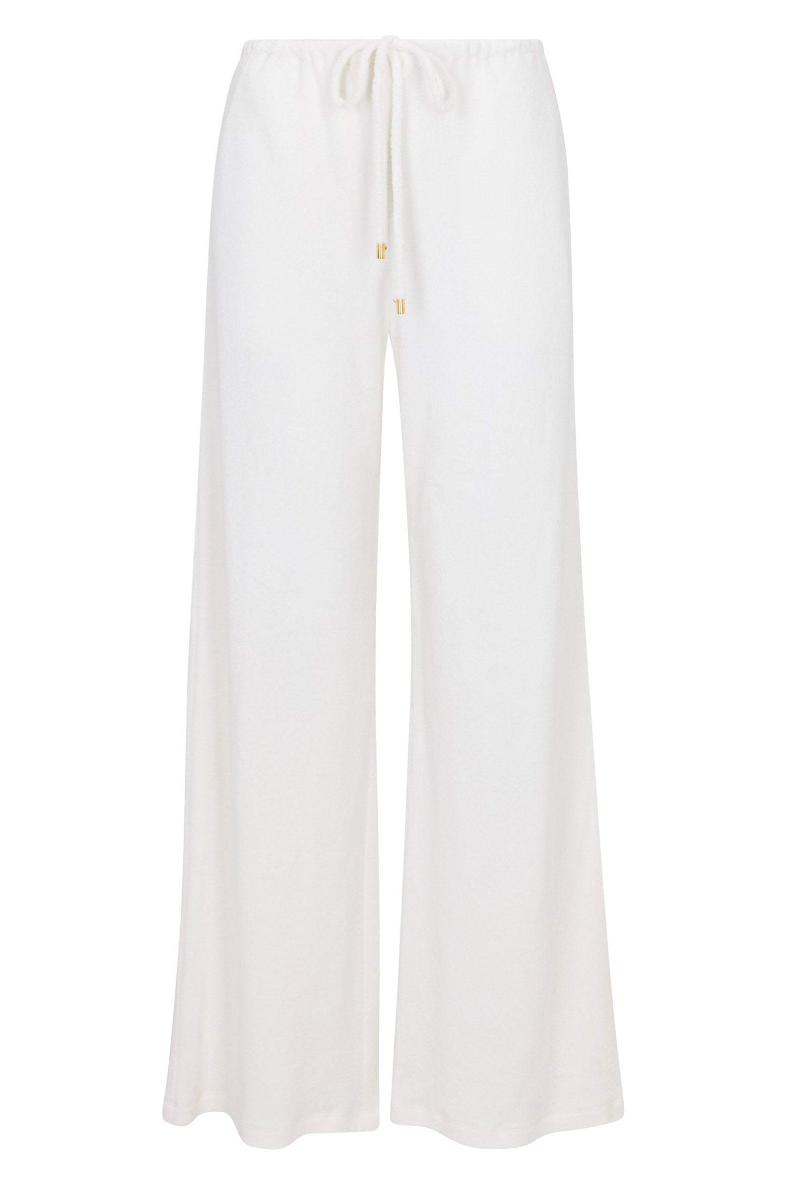 The Linsk Wide-Leg Pant - Poolside Terry features a high-waisted, wide-leg fit with an elastic waistband and front drawstring. Made from soft, lightweight fabric, theyre ideal for casual wear or lounging.