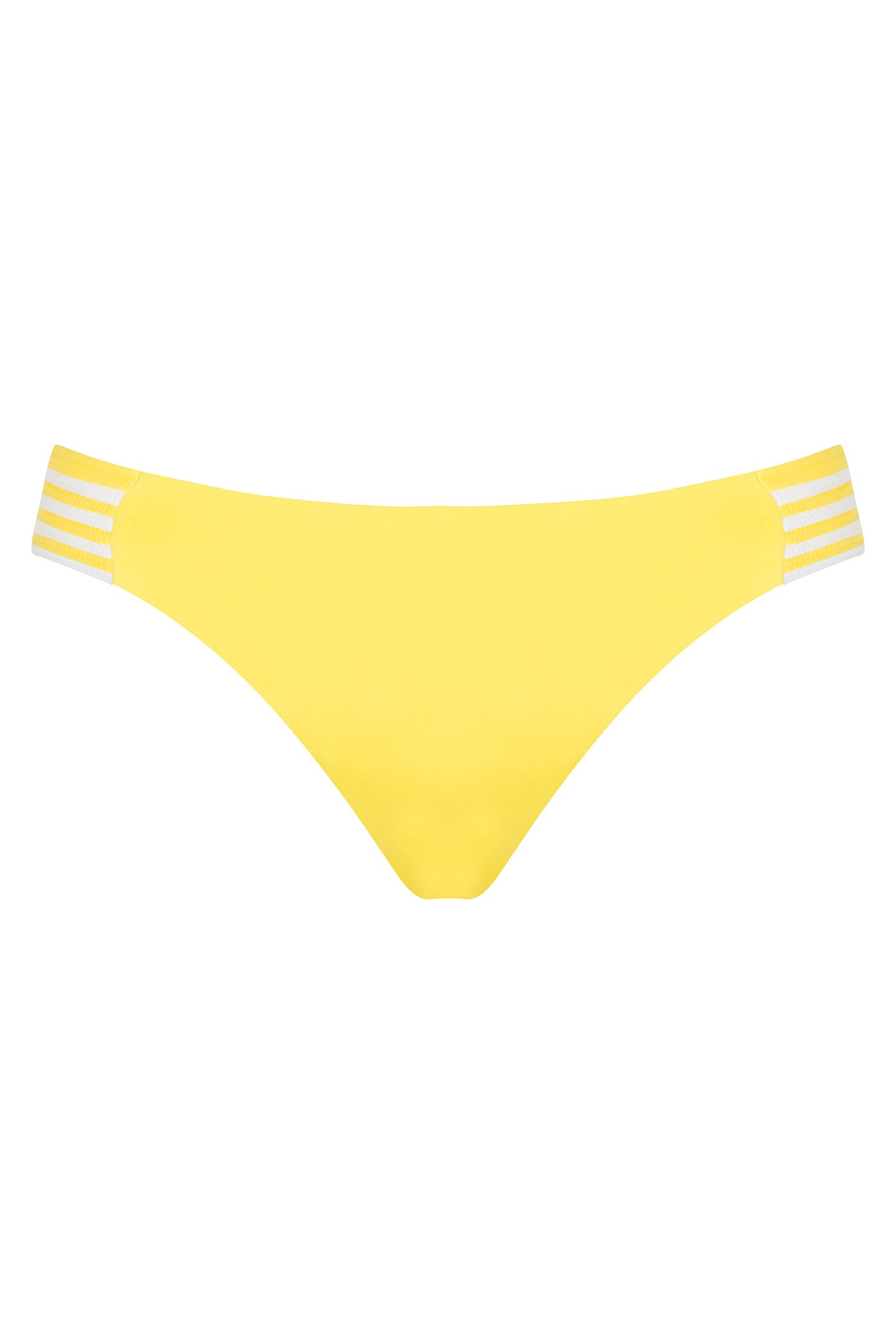 The Monaco Pleated Tab Hipster Bottom is a yellow bikini bottom featuring white and yellow striped bands on each side, shown against a plain white background.