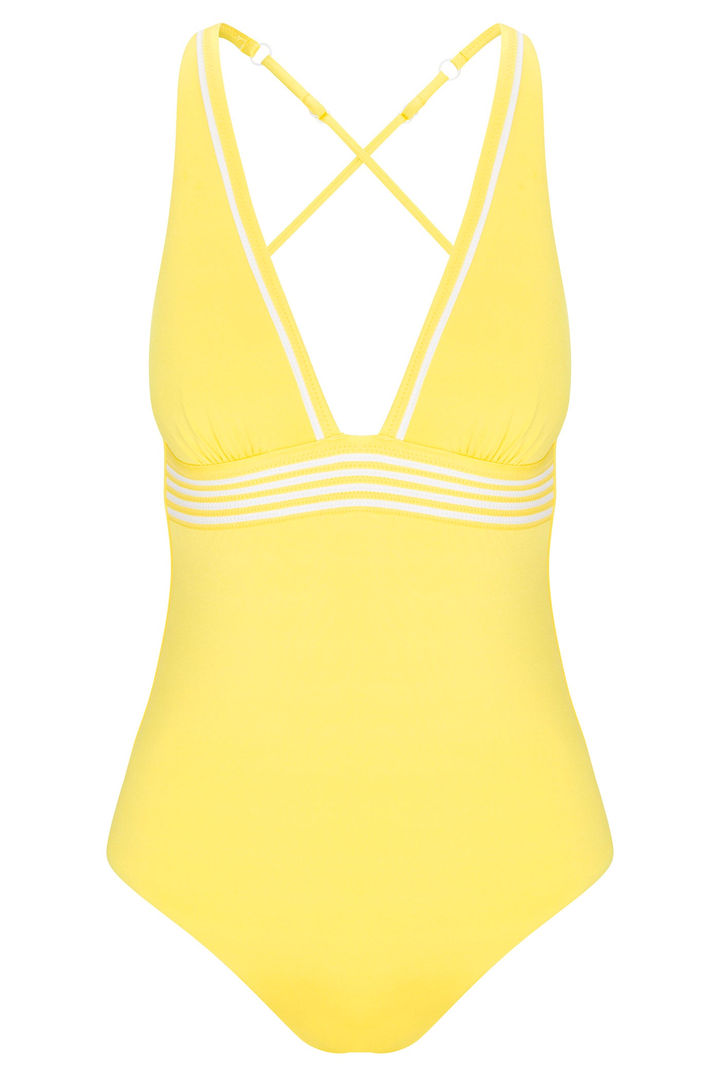 The Monaco Pleated Plunge One-Piece is a yellow swimsuit with white and pastel stripes under the bust, featuring a deep V-neckline and crisscross straps at the back.