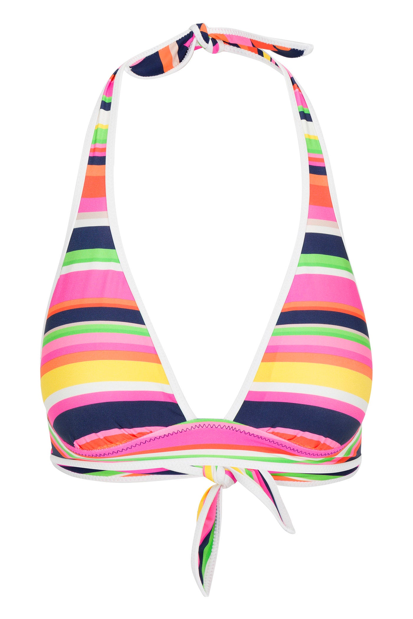 The Reversible Halter Swim Top - Splash Stripe features colorful horizontal stripes in pink, yellow, orange, green, black, and white with white trim and adjustable ties at the neck and back.
